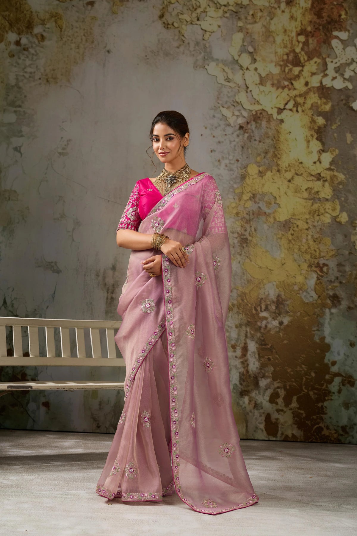 Tissue Pita Zari Party Wear Pink Butta Work Sarees
