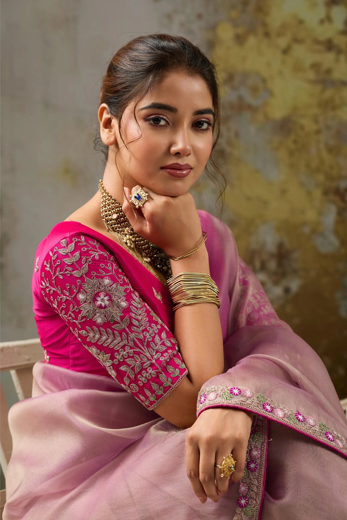 Tissue Pita Zari Party Wear Pink Butta Work Sarees