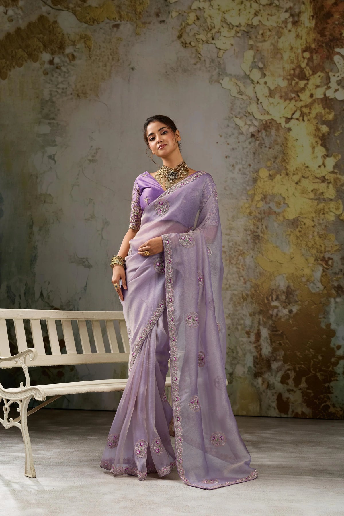 Tissue Pita Zari Party Wear Lavender Butta Work Sarees