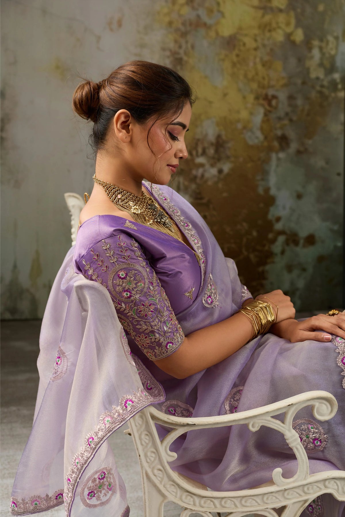 Tissue Pita Zari Party Wear Lavender Butta Work Sarees