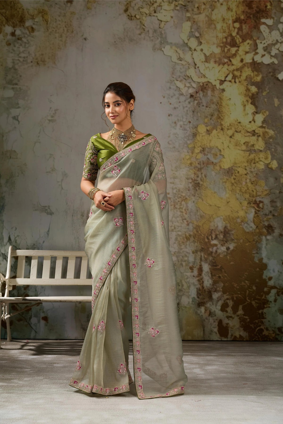Tissue Pita Zari Party Wear Olive Butta Work Sarees