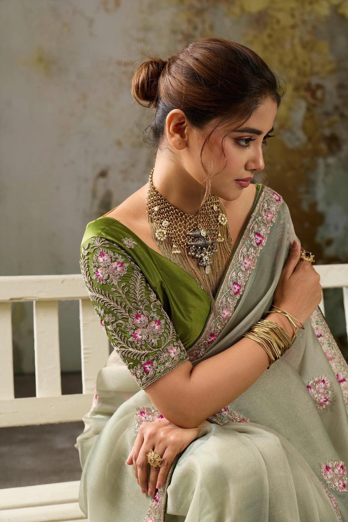 Tissue Pita Zari Party Wear Olive Butta Work Sarees