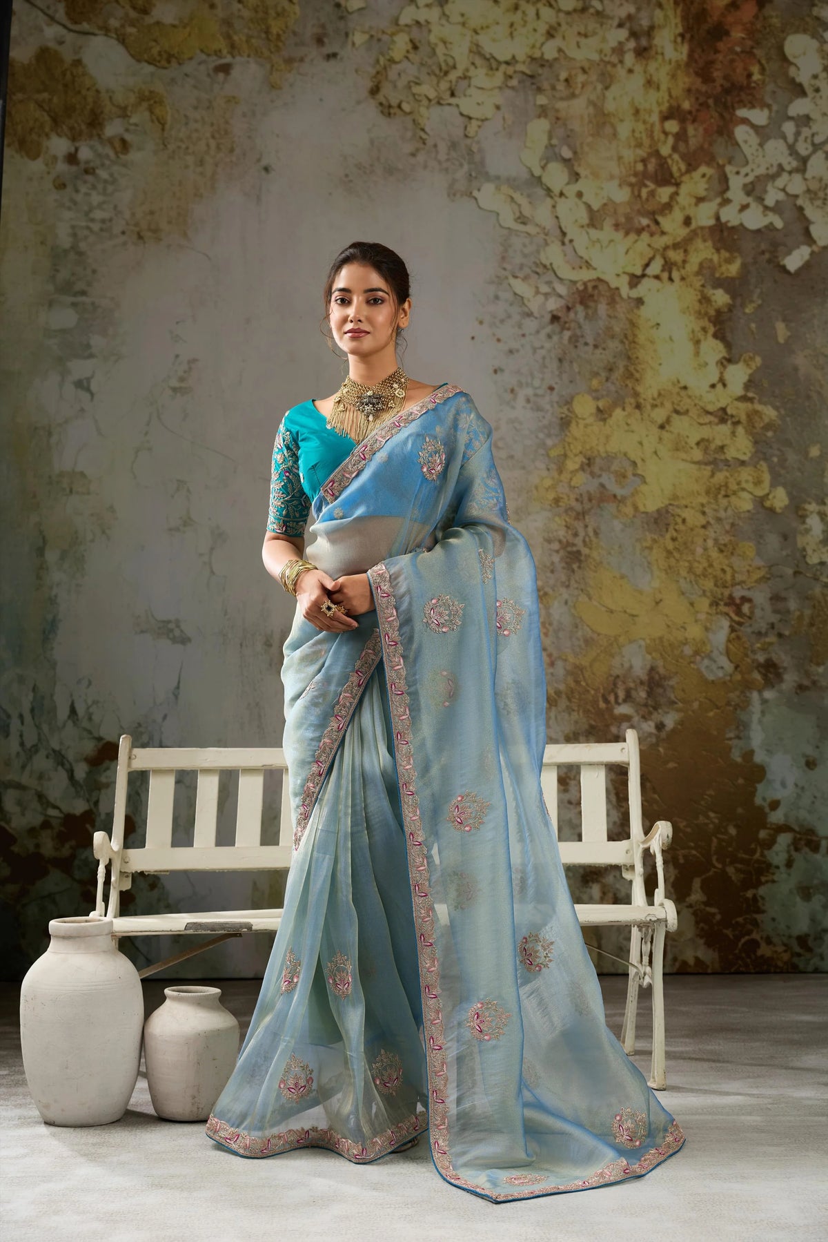 Tissue Pita Zari Party Wear Blue Butta Work Sarees