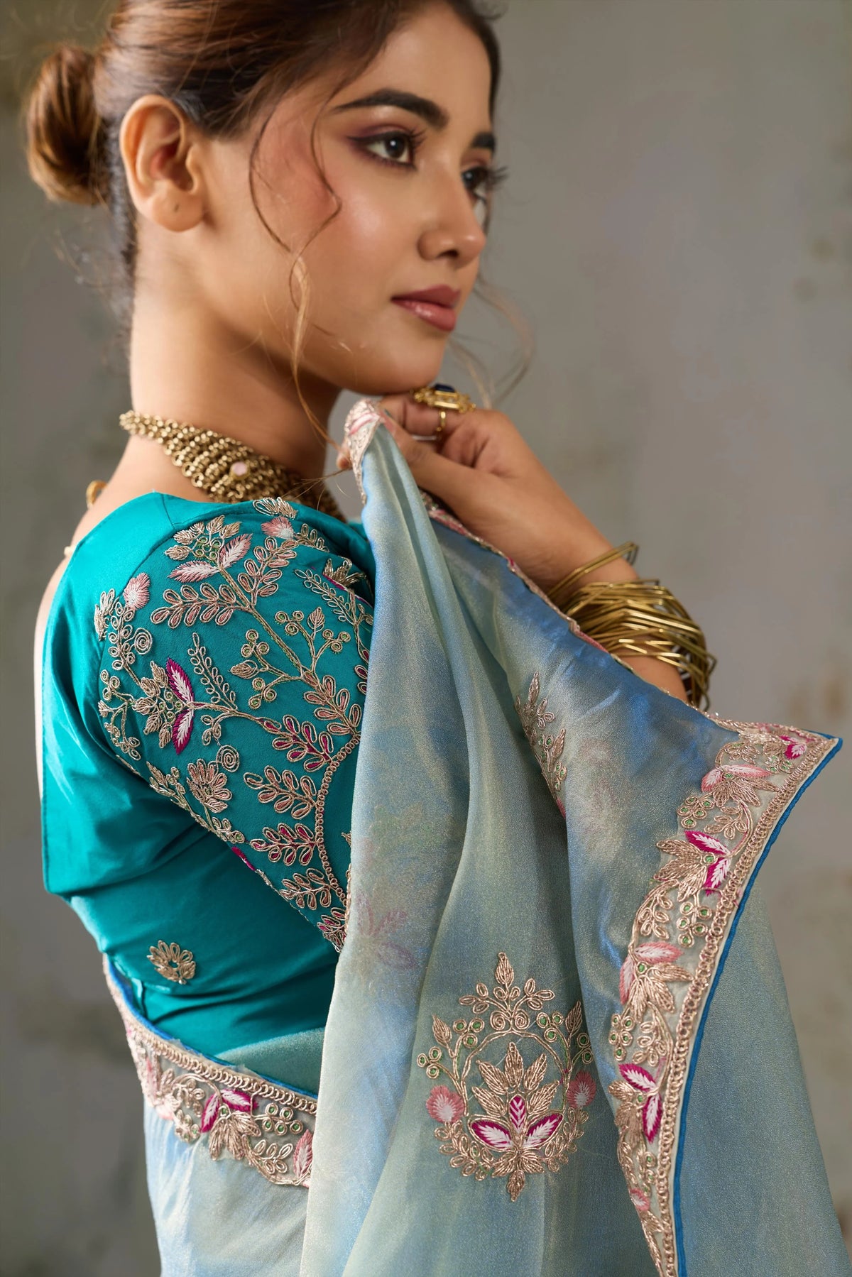Tissue Pita Zari Party Wear Blue Butta Work Sarees