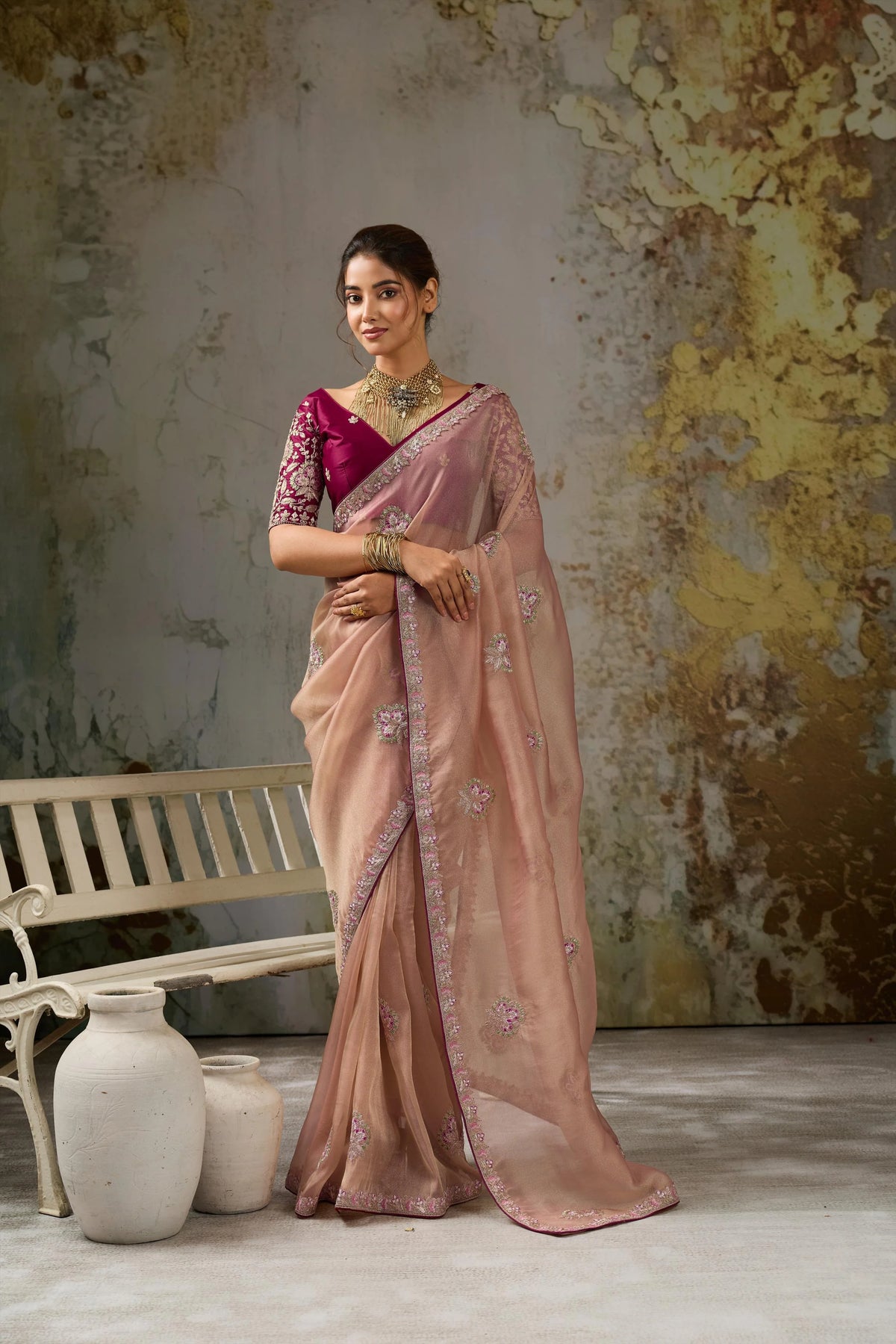 Tissue Pita Zari Party Wear Rose Gold Butta Work Sarees