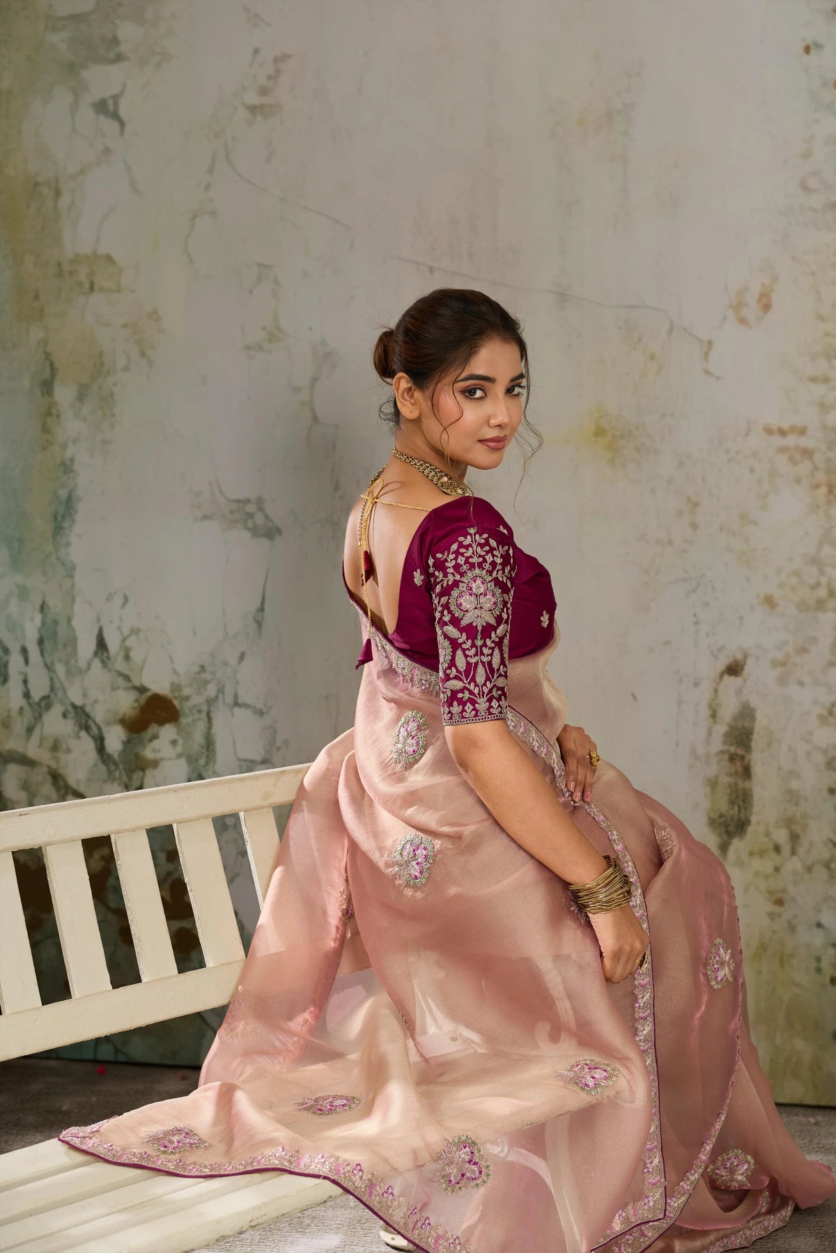 Tissue Pita Zari Party Wear Rose Gold Butta Work Sarees
