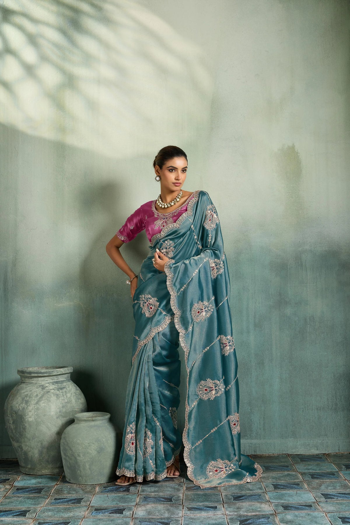 Giraffe Silk Party Wear Blue Embroidery Work Sarees