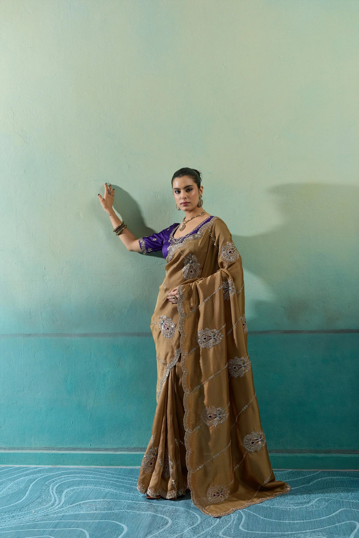 Giraffe Silk Party Wear Brown Embroidery Work Sarees