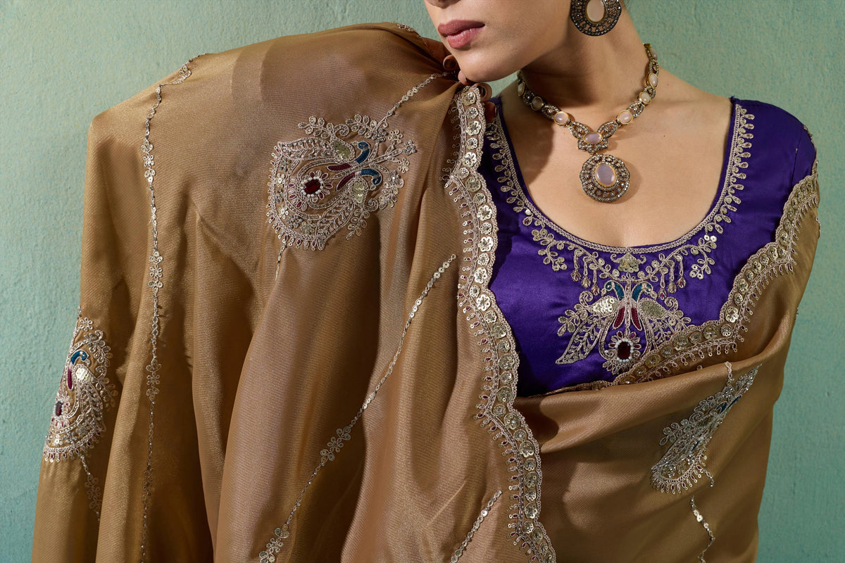 Giraffe Silk Party Wear Brown Embroidery Work Sarees
