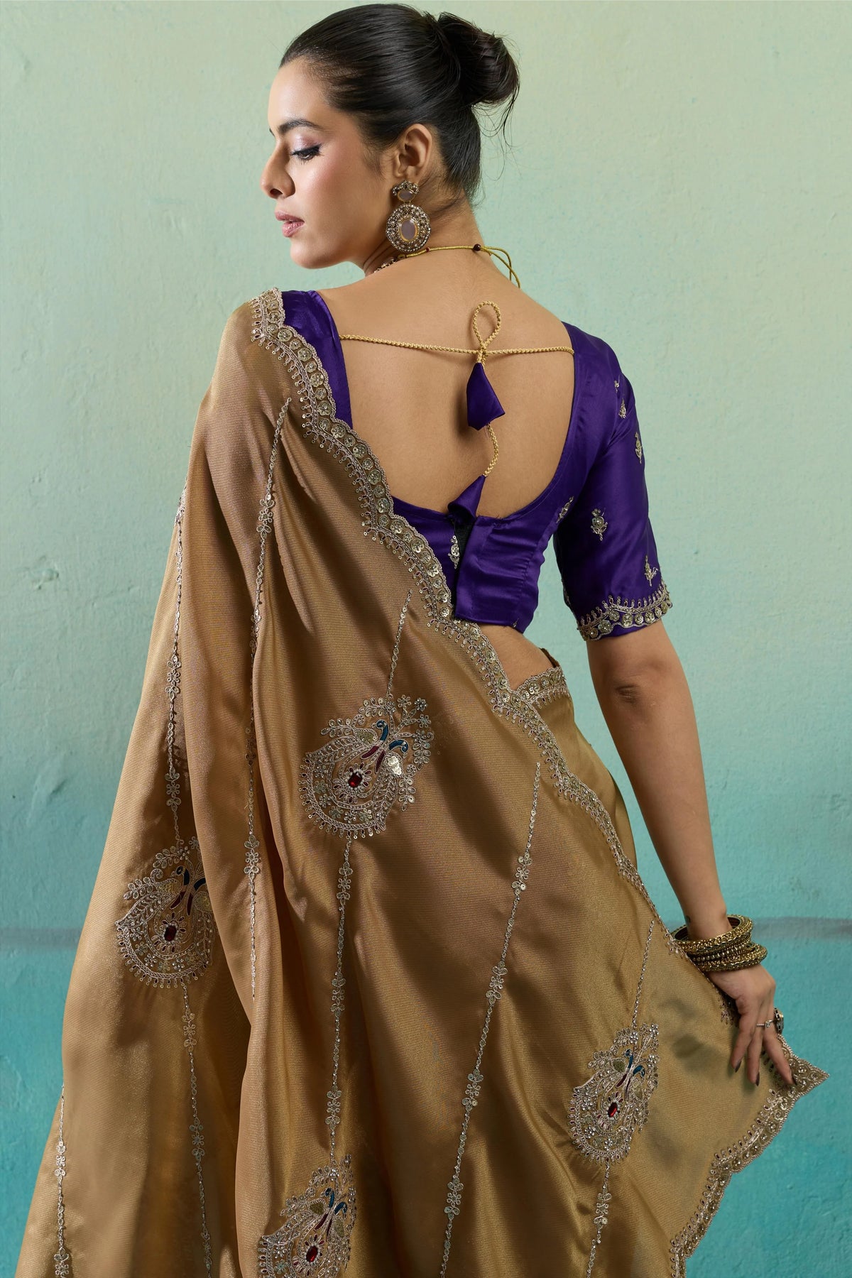 Giraffe Silk Party Wear Brown Embroidery Work Sarees
