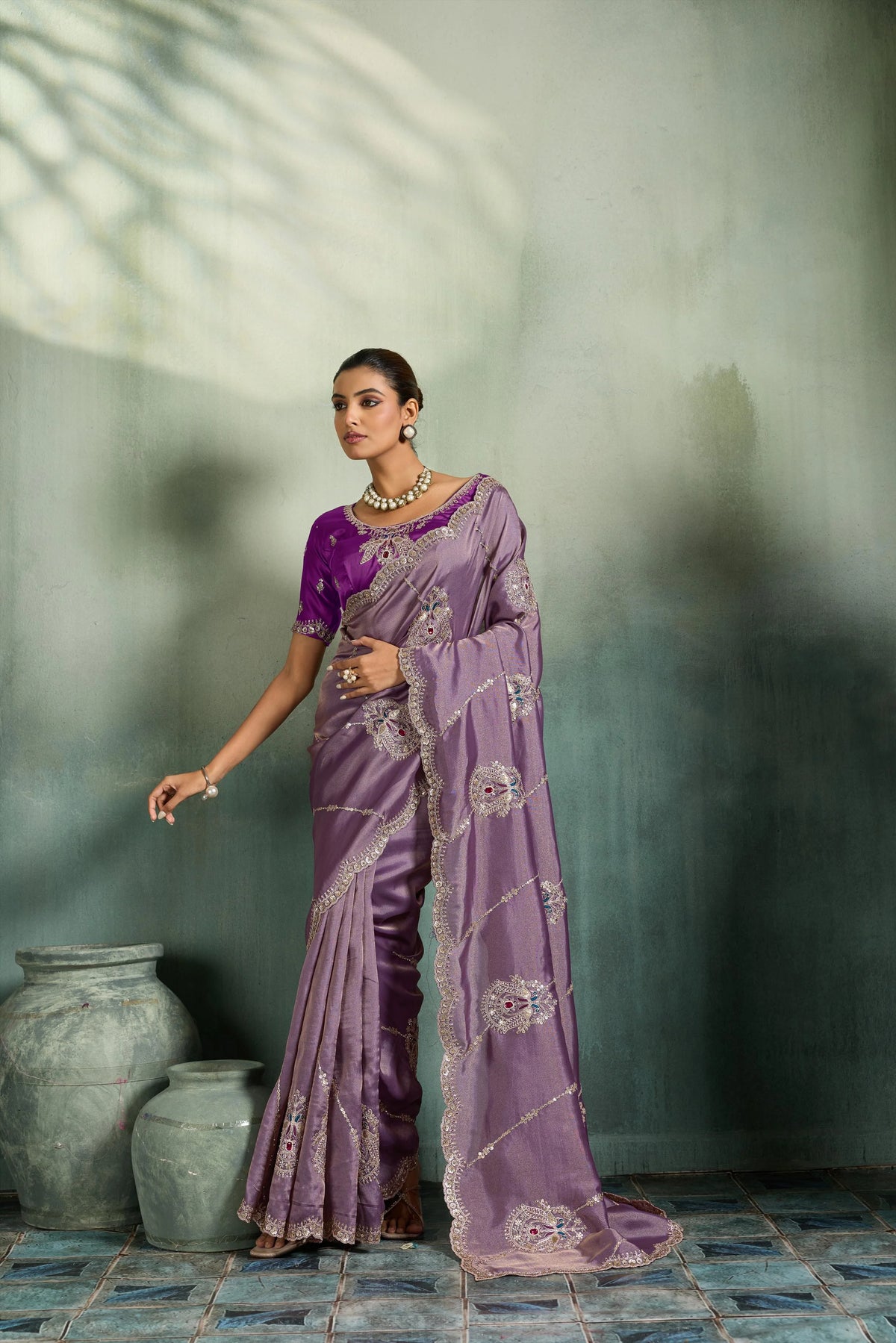 Giraffe Silk Party Wear Purple Embroidery Work Sarees