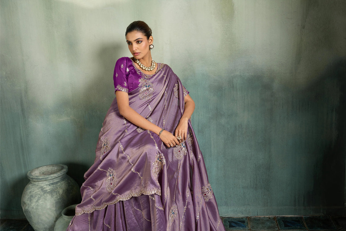 Giraffe Silk Party Wear Purple Embroidery Work Sarees