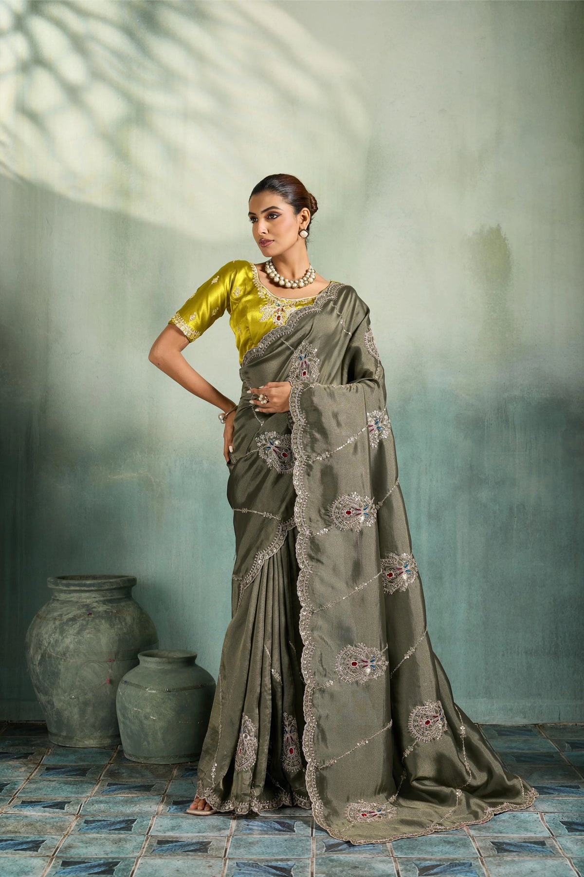 Giraffe Silk Party Wear Olive Embroidery Work Sarees