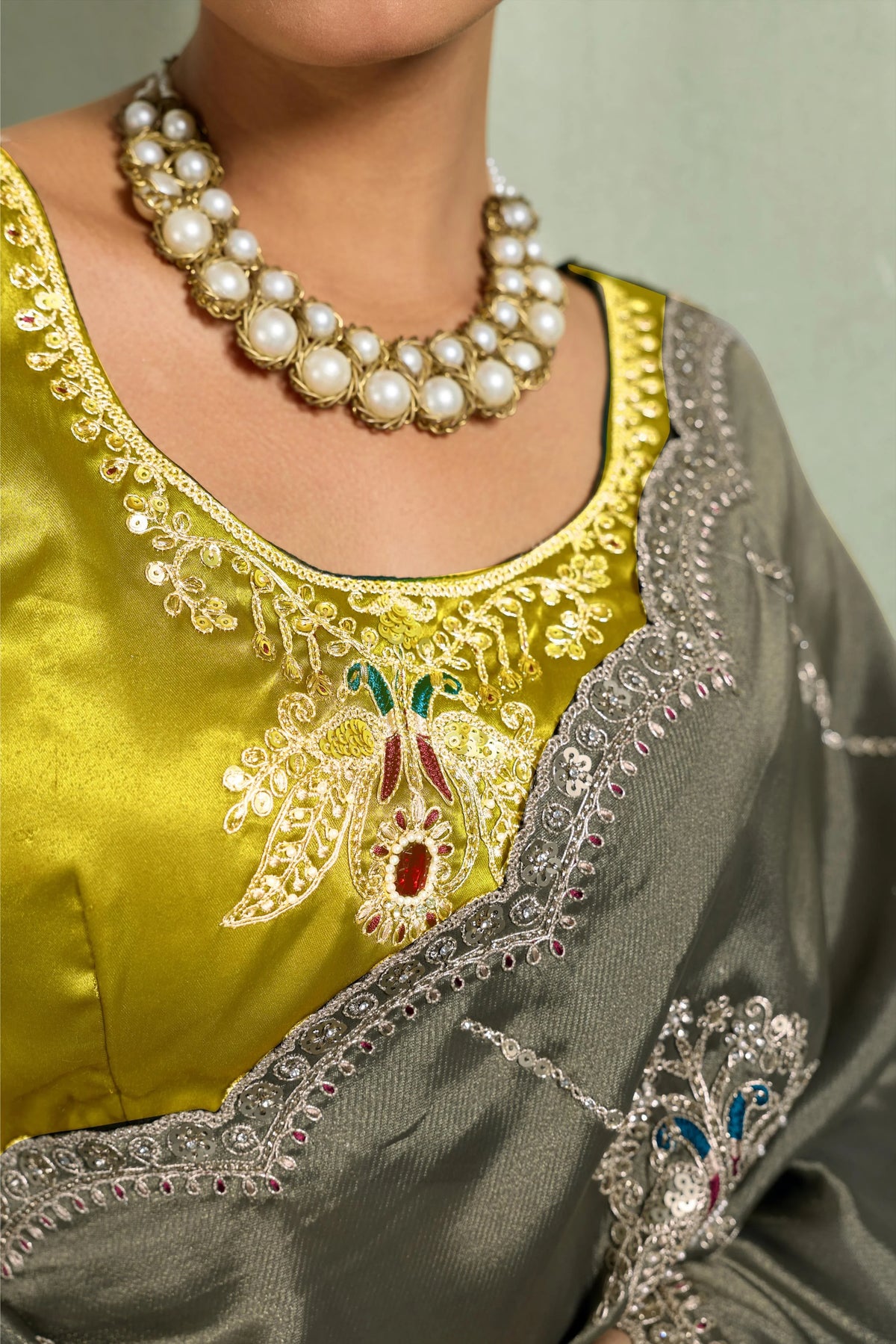 Giraffe Silk Party Wear Olive Embroidery Work Sarees