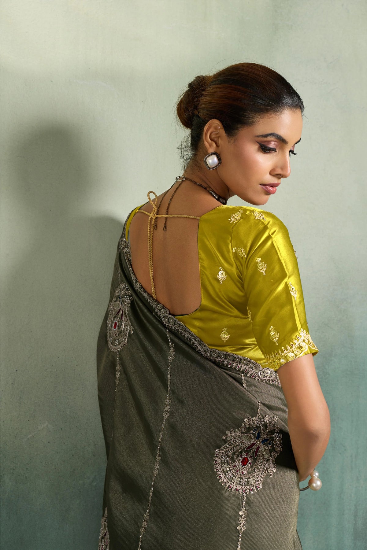 Giraffe Silk Party Wear Olive Embroidery Work Sarees