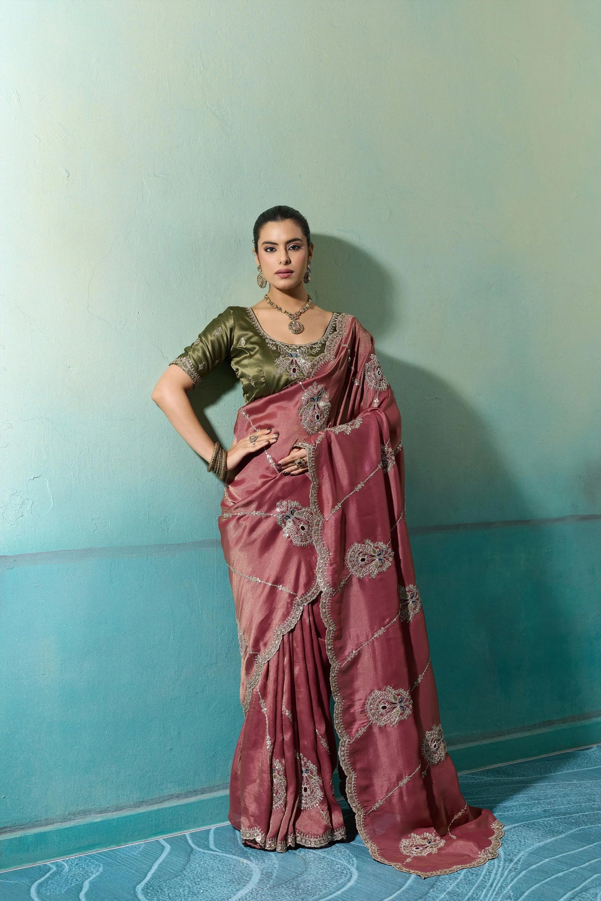 Giraffe Silk Party Wear Mauve Embroidery Work Sarees