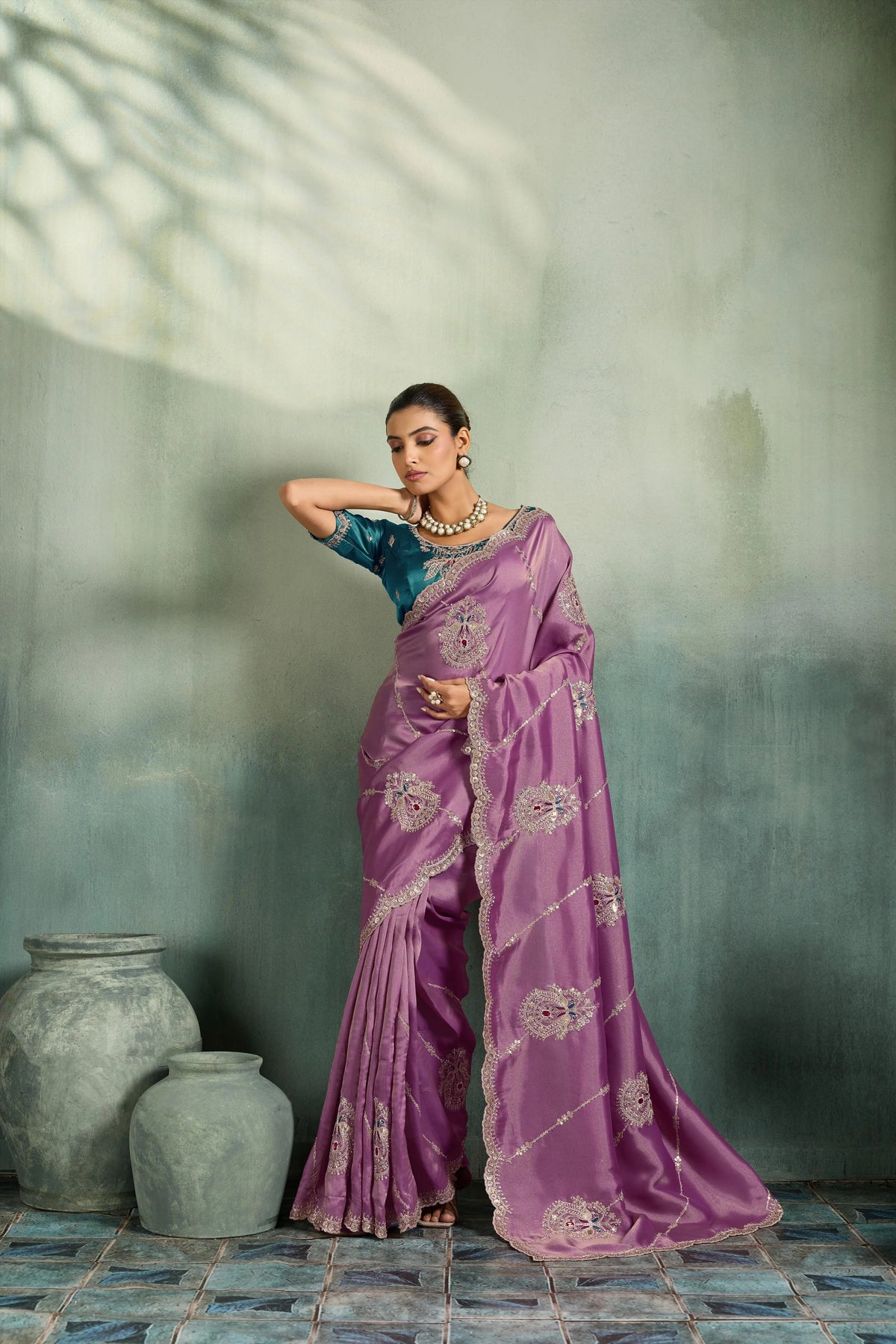 Giraffe Silk Party Wear Pink Heavy Work Sarees