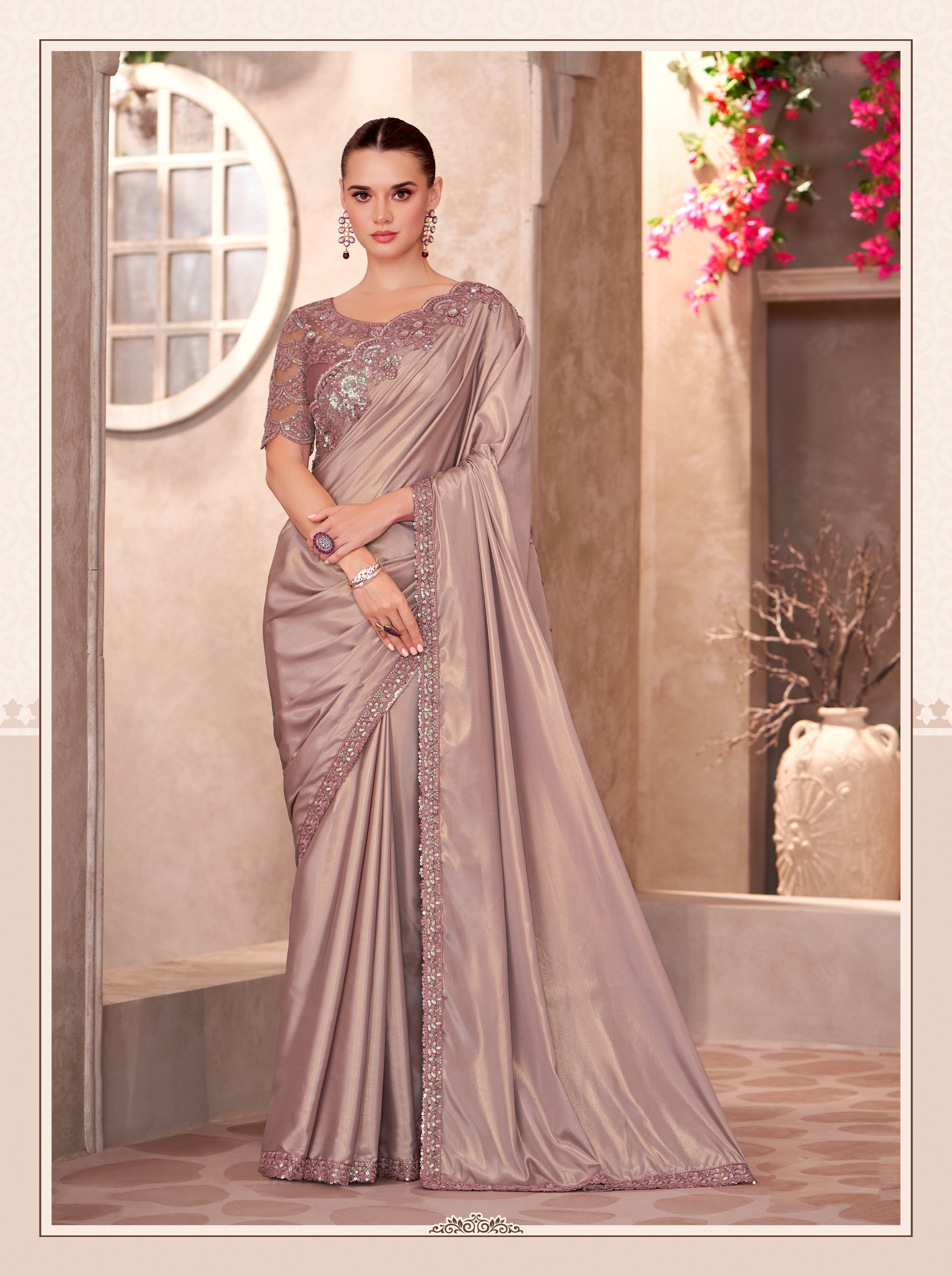 Beige Silk Crepe Satin Embroidery Work Saree