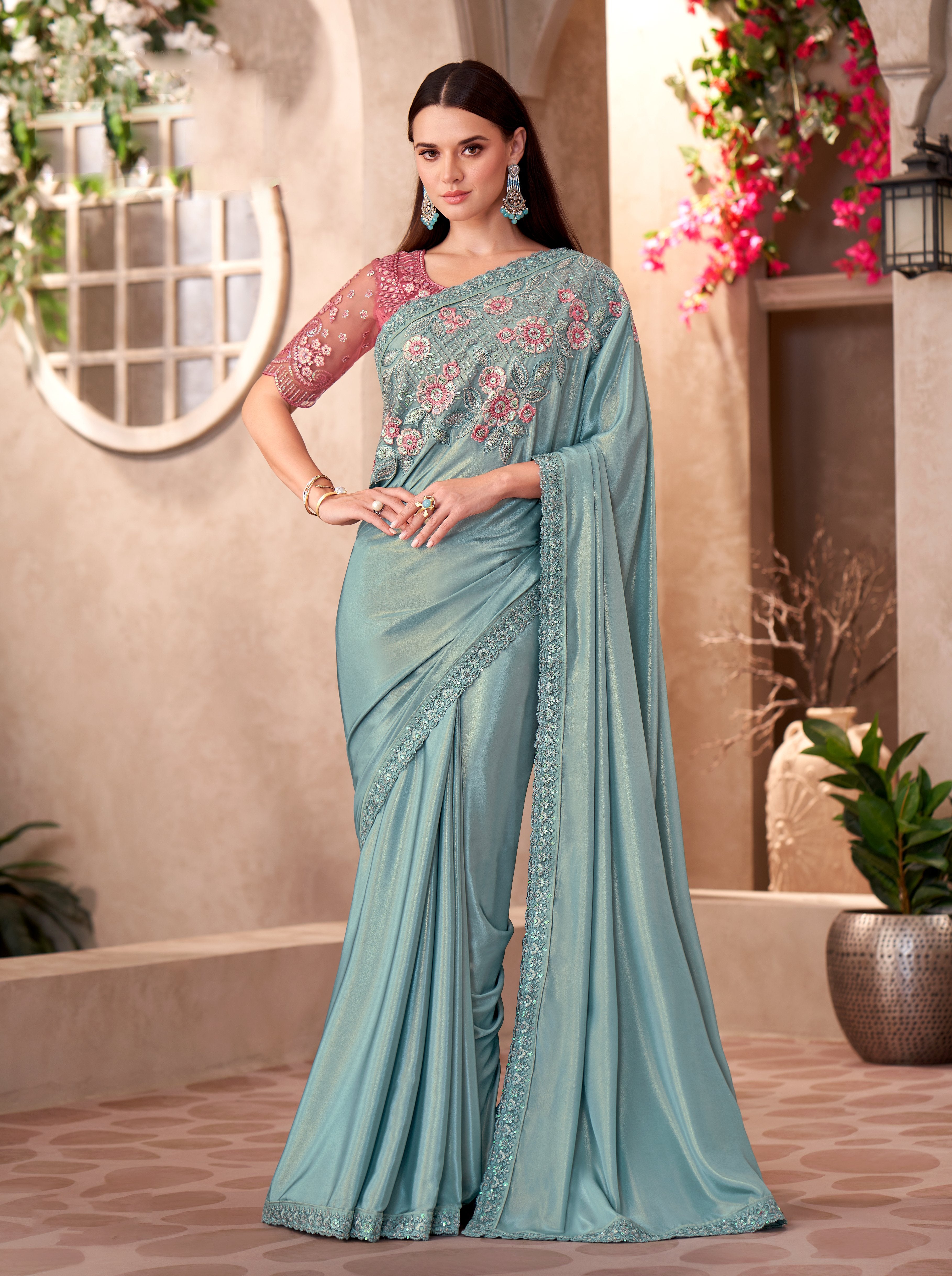 Sky Blue Shimmer Silk Crepe Linen Work Saree