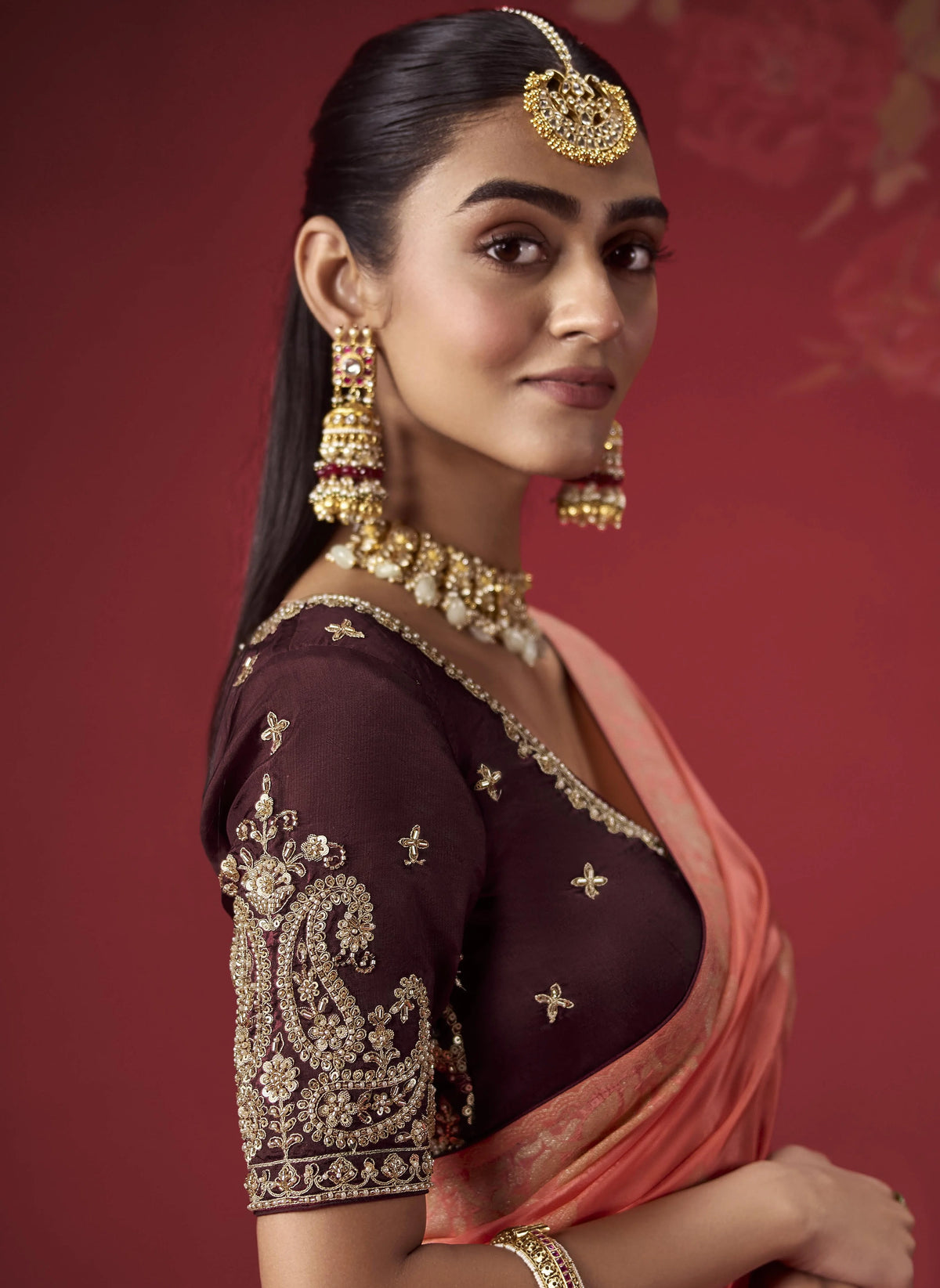 Dola Crape Soft Silk Brown Party Wear Zari Weaving Sarees