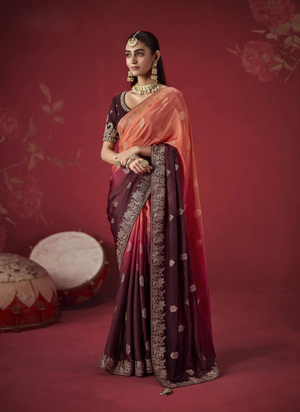 Dola Crape Soft Silk Brown Party Wear Zari Weaving Sarees