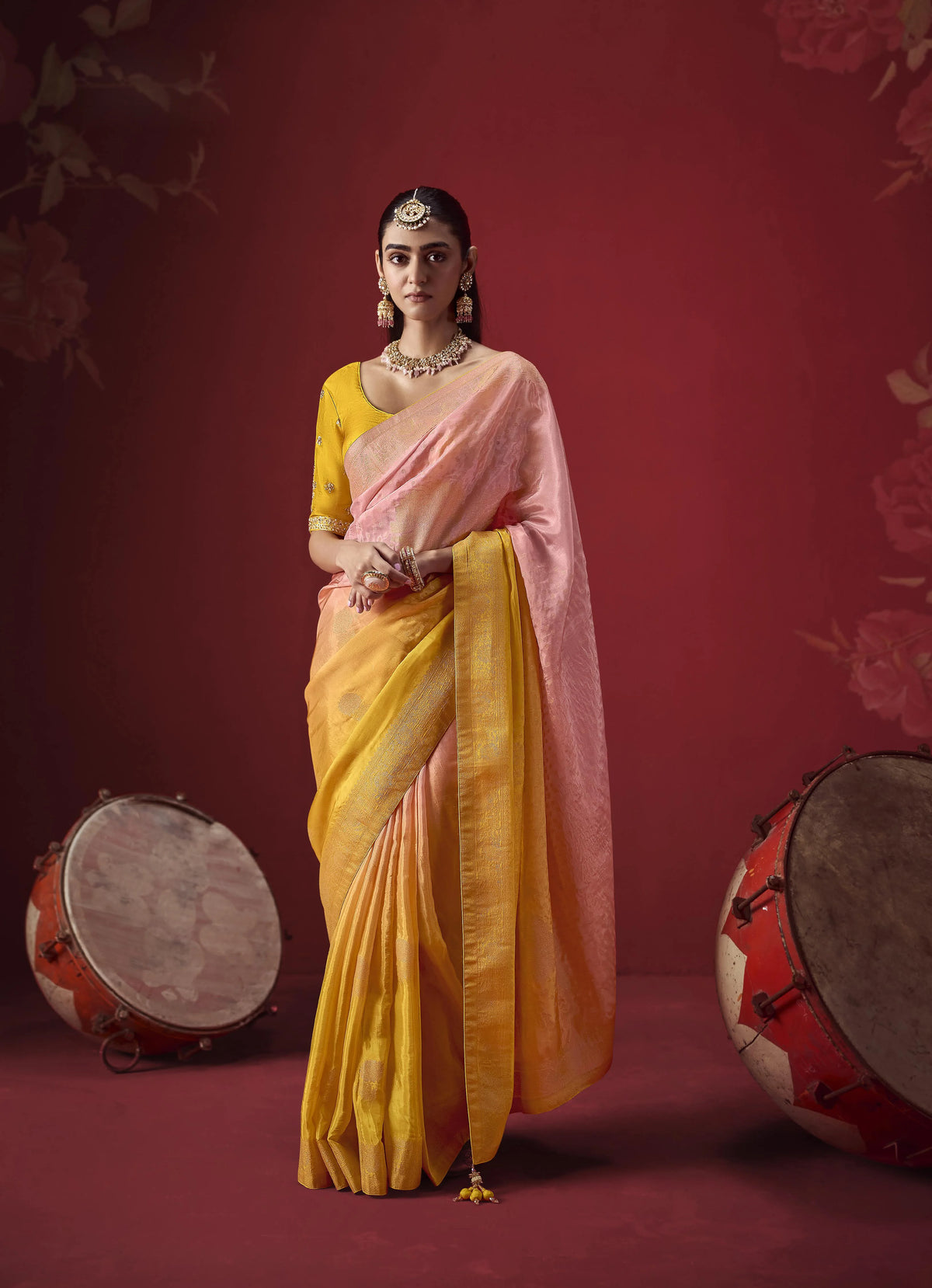 Dola Crape Soft Silk Yellow Party Wear Koti Blouse Sarees
