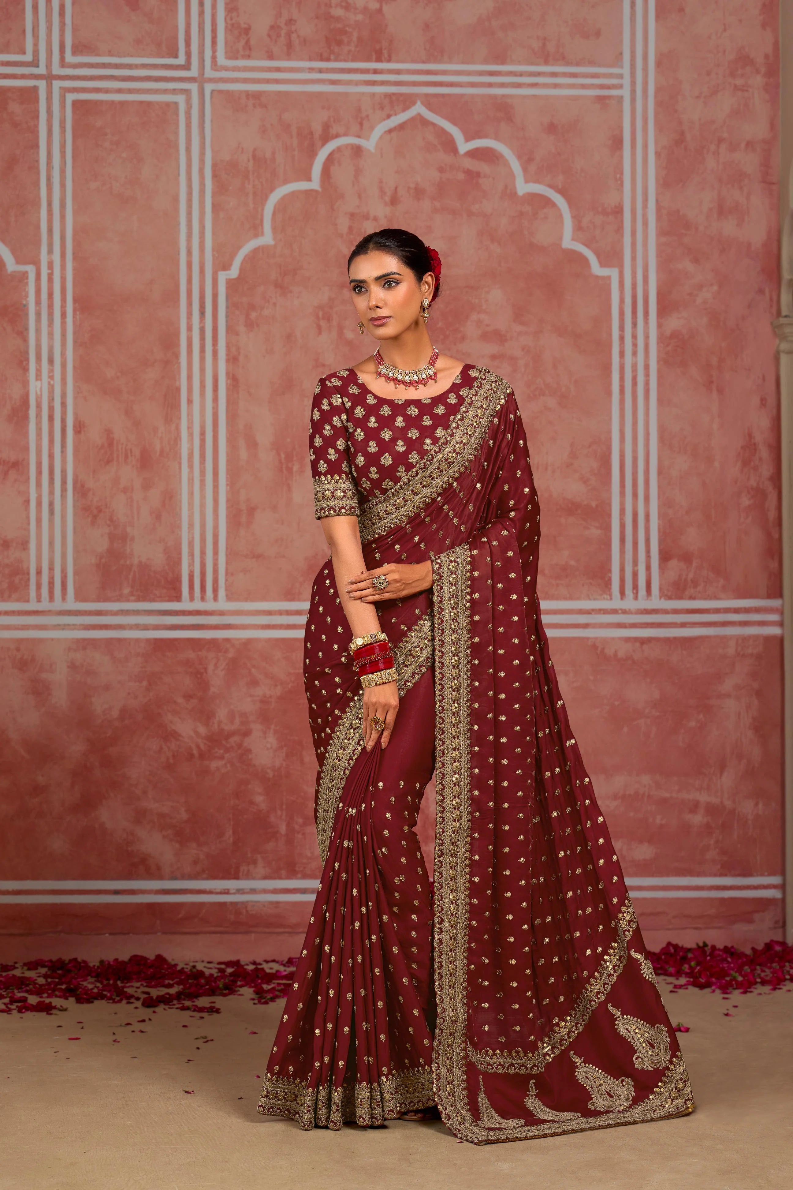 Pure Munga Silk Wedding Wear Maroon With Sequence Work