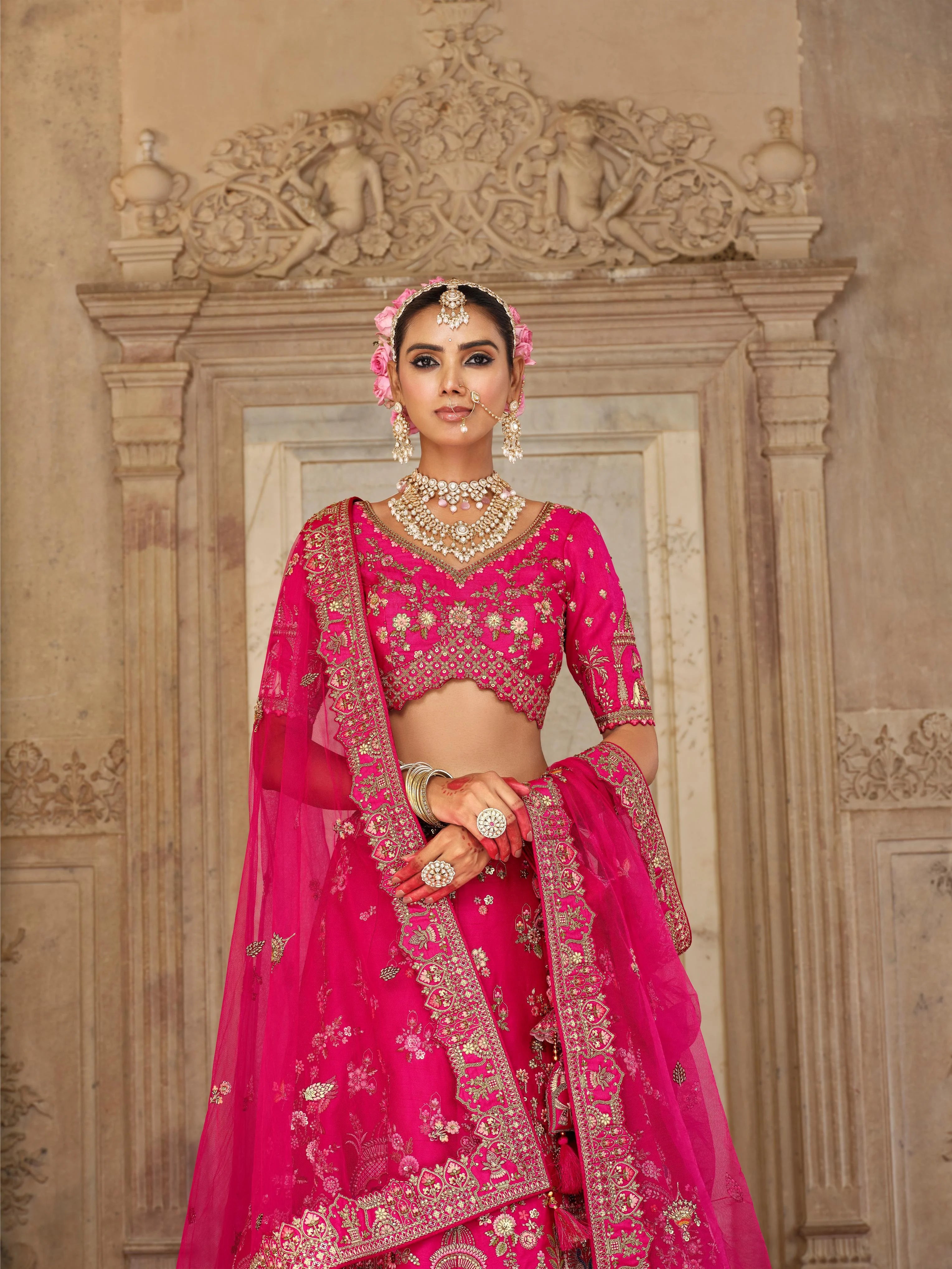 Bridal Silk Wedding Wear Rani With Embroidery Work