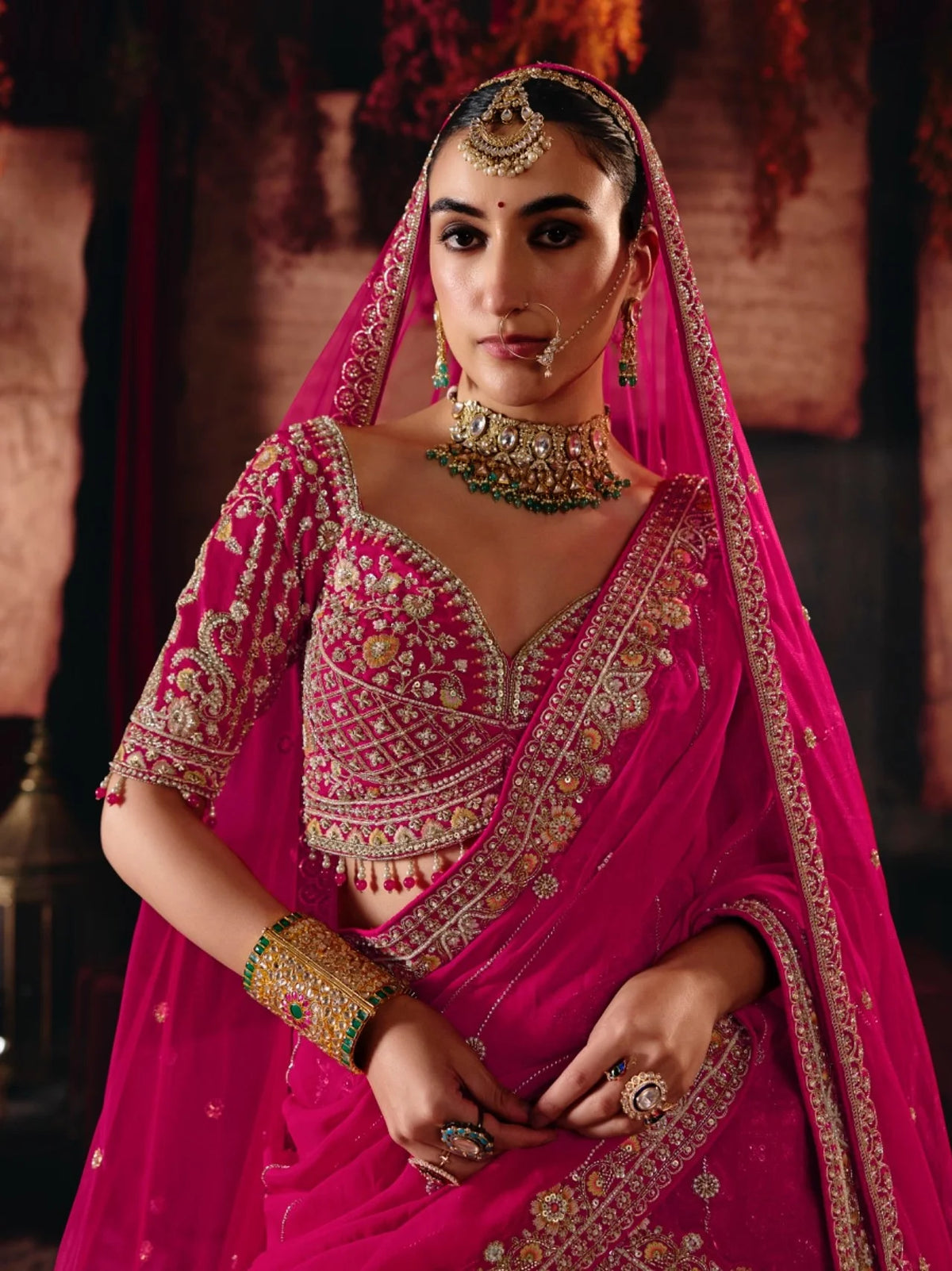Bridal Silk Pink Wedding Wear Khatali Work Lehengas