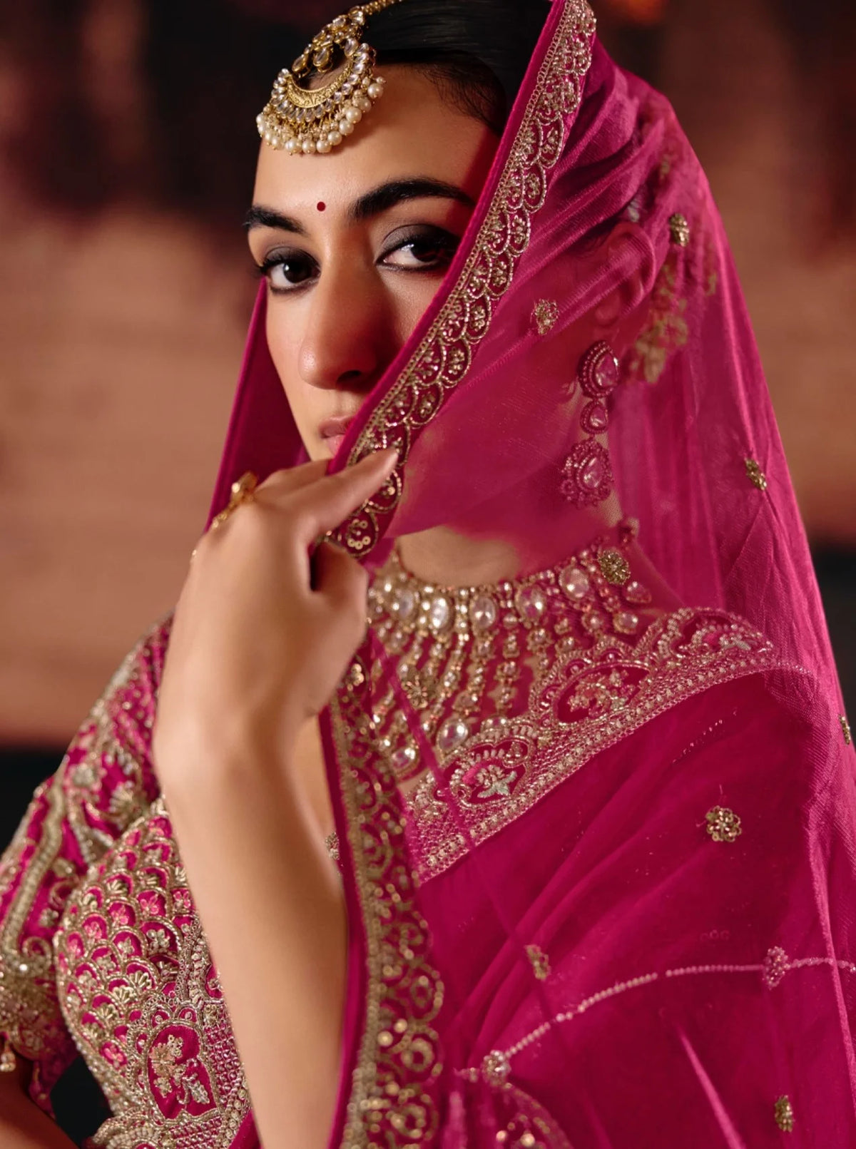 Bridal Silk Pink Wedding Wear Khatali Work Lehengas