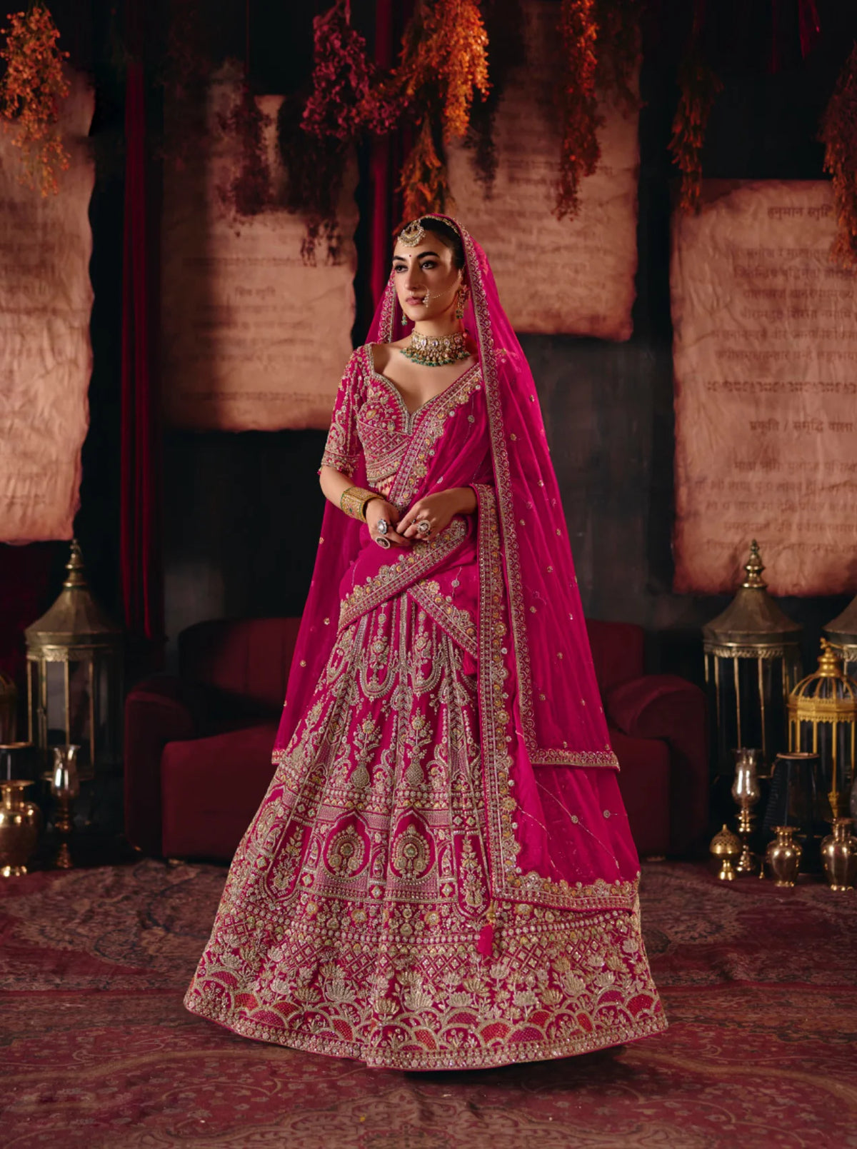 Bridal Silk Pink Wedding Wear Khatali Work Lehengas
