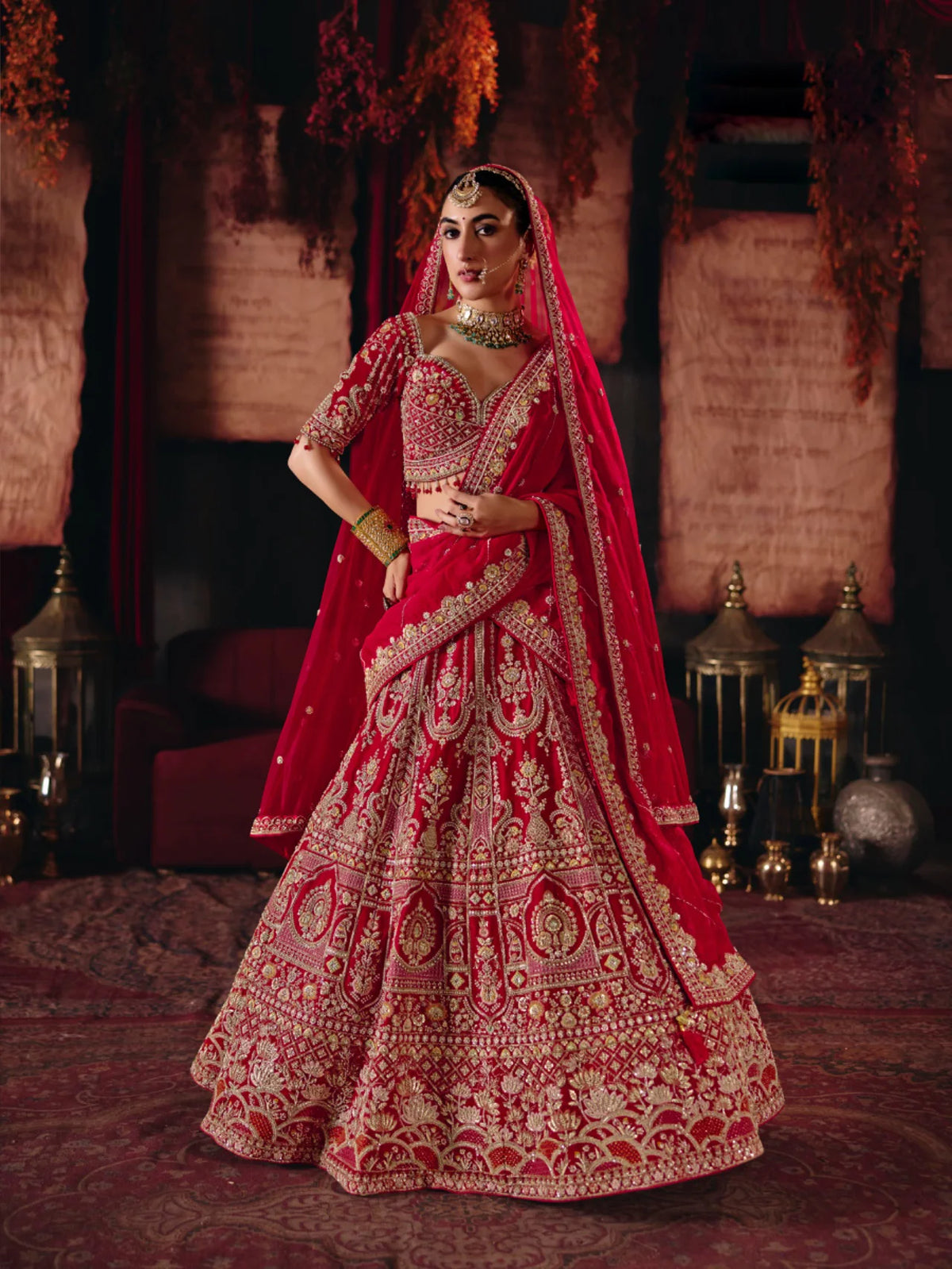 Bridal Silk Red Wedding Wear Khatali Work Lehengas
