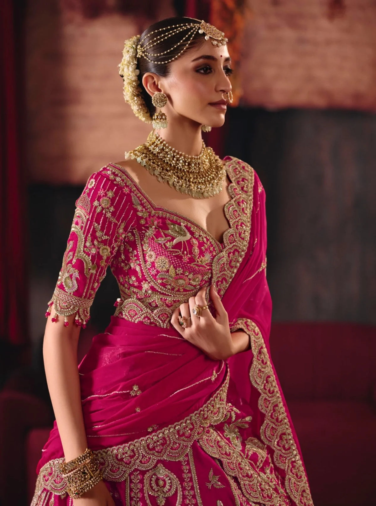 Bridal Silk Wedding Wear Pink Khatali Work Lehengas