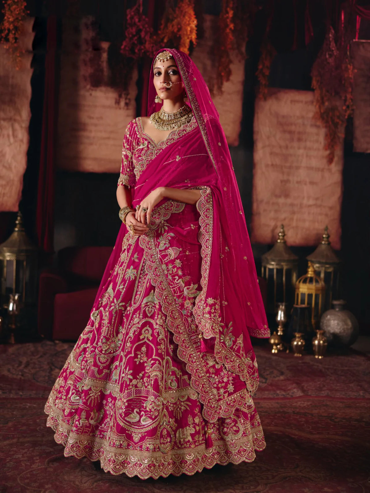 Bridal Silk Wedding Wear Pink Khatali Work Lehengas
