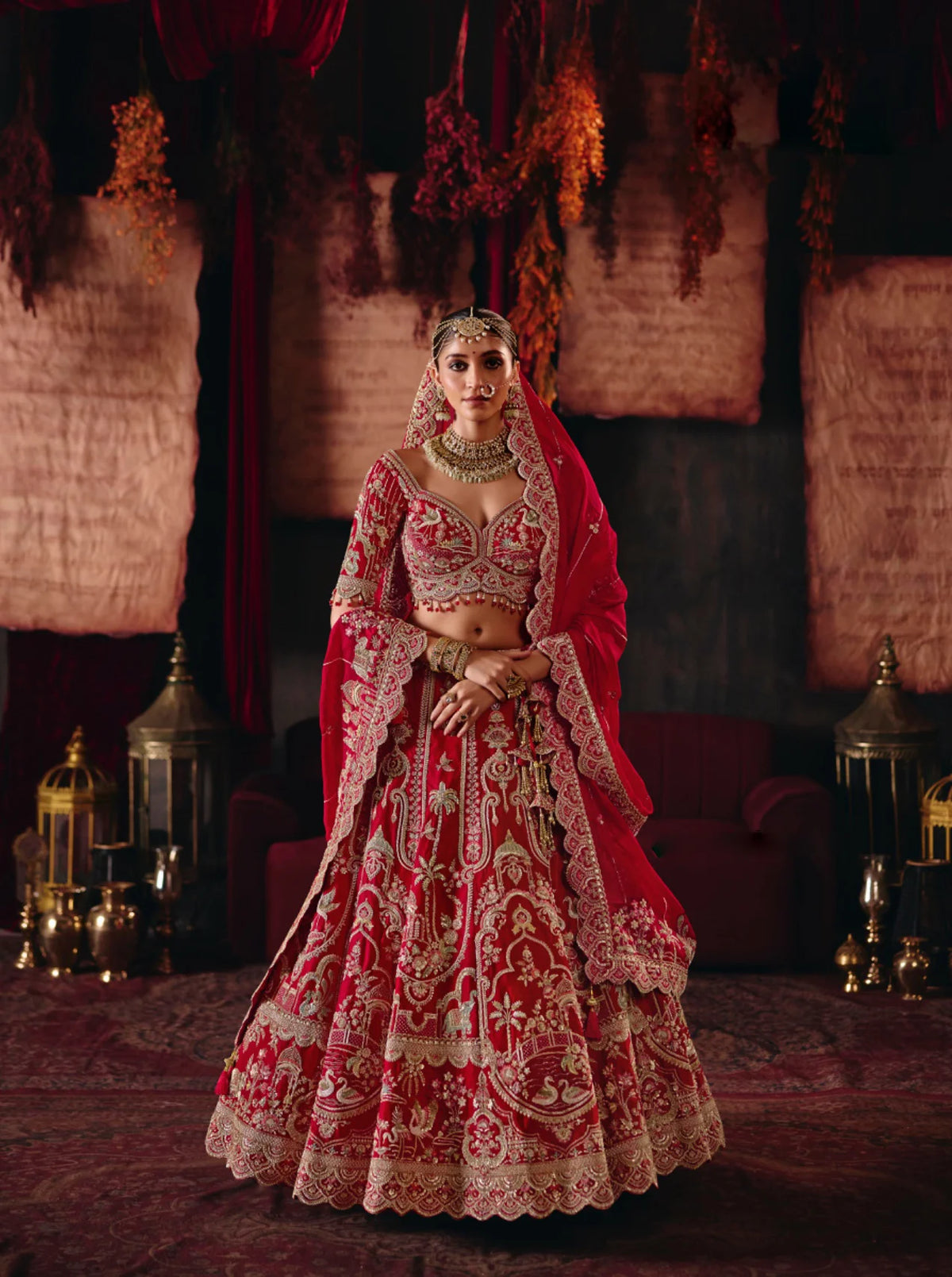 Bridal Silk Wedding Wear Red Khatali Work Lehengas