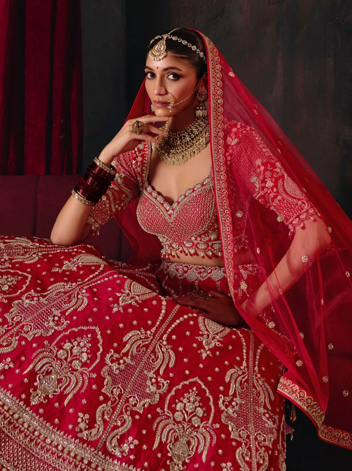 Bridal Silk Wedding Wear Red Bead Work Lehengas