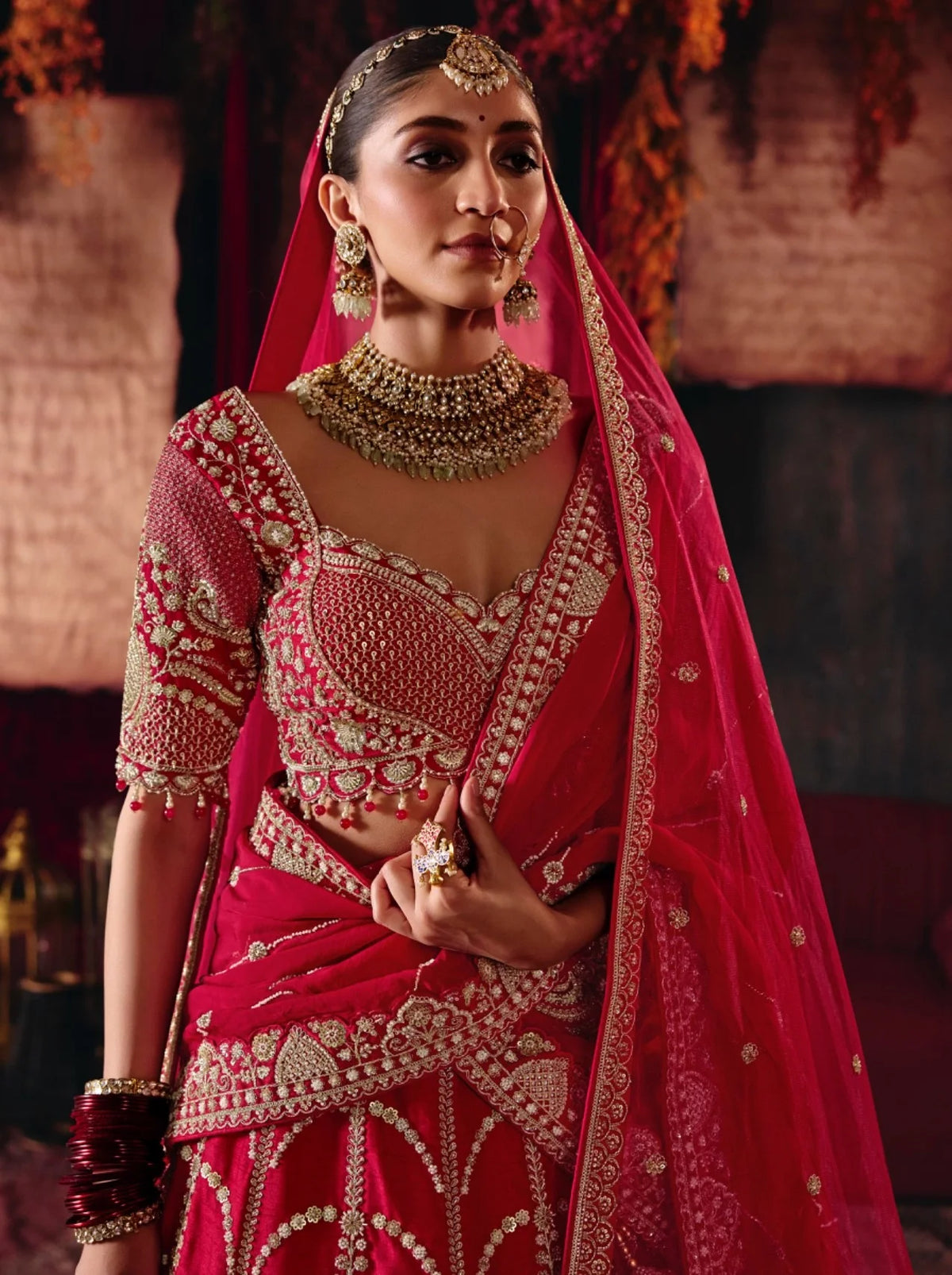 Bridal Silk Wedding Wear Red Bead Work Lehengas