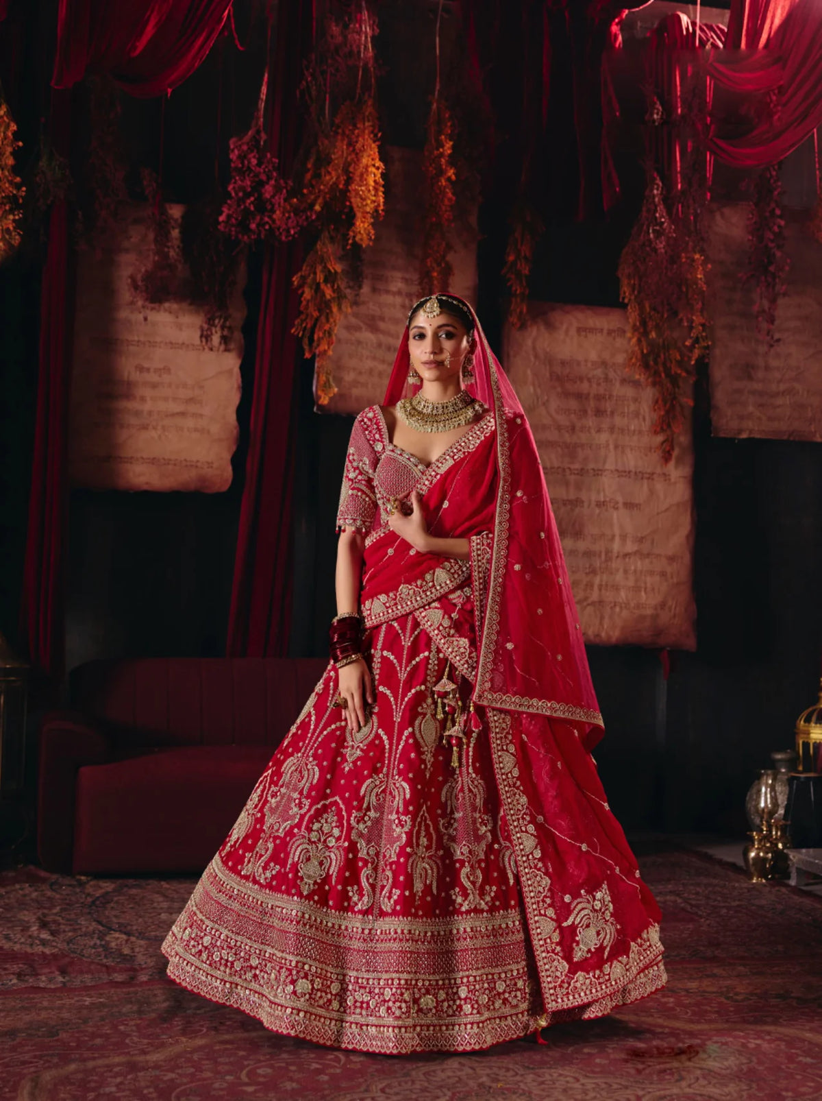 Bridal Silk Wedding Wear Red Bead Work Lehengas