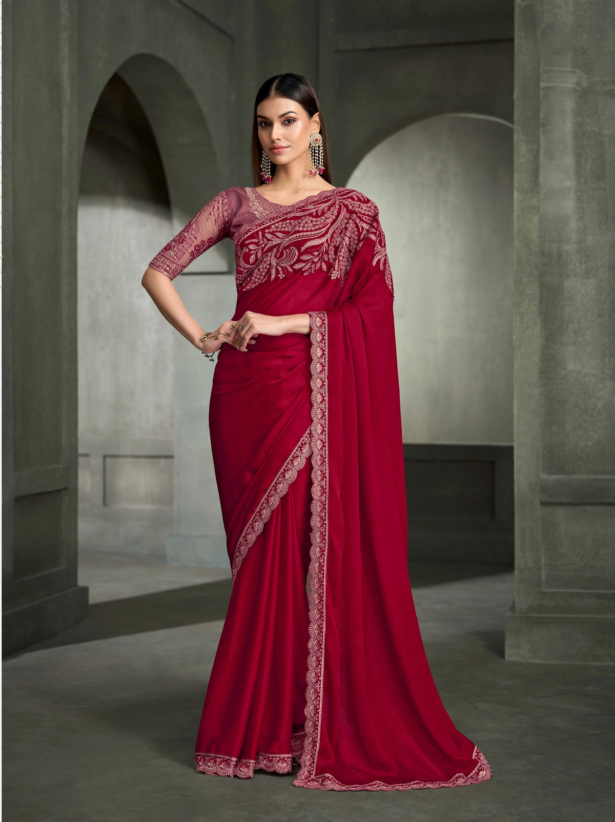 Satin Silk Chiffon Party Wear Red With Heavy Work Sarees