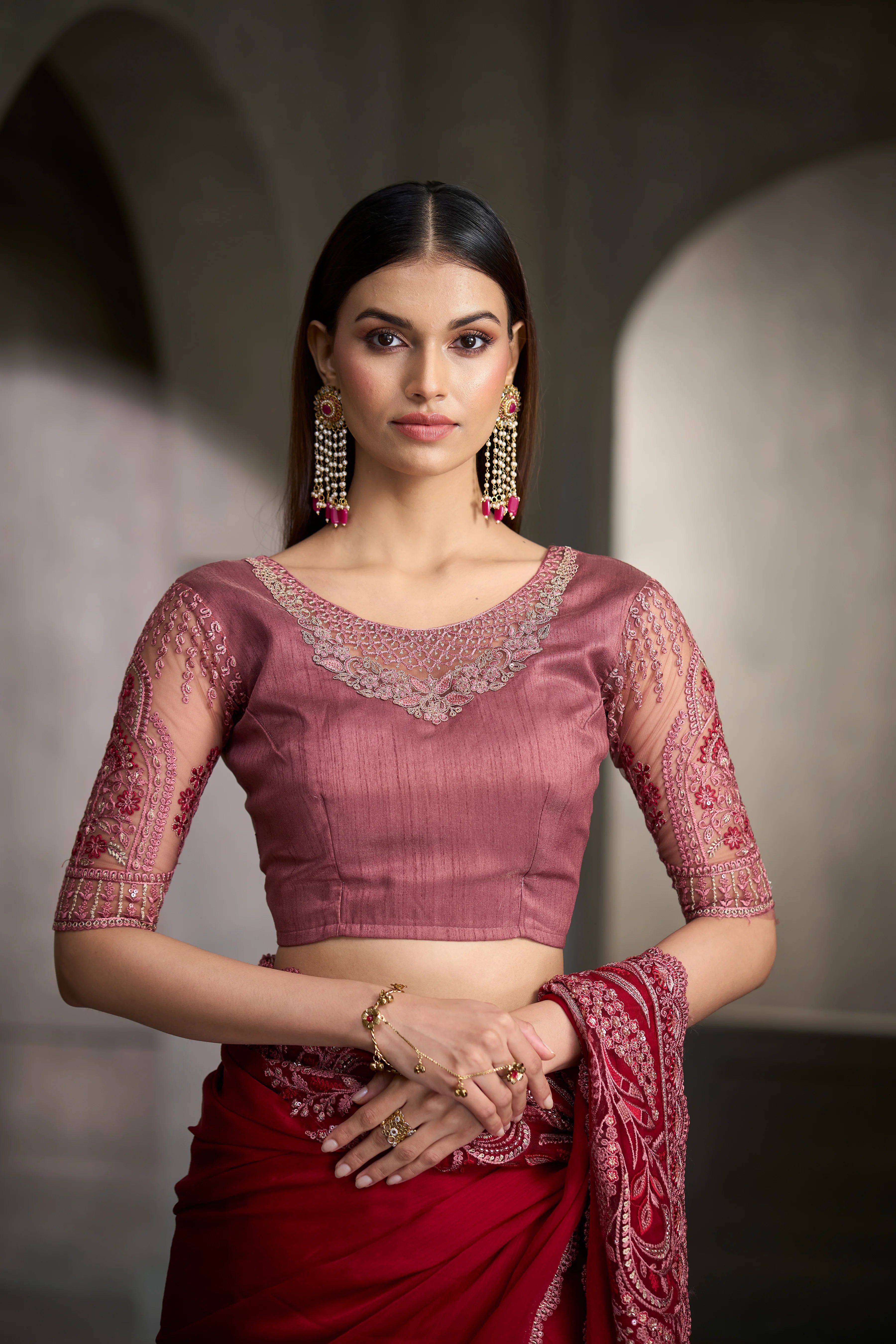 Satin Silk Chiffon Party Wear Red With Heavy Work Sarees