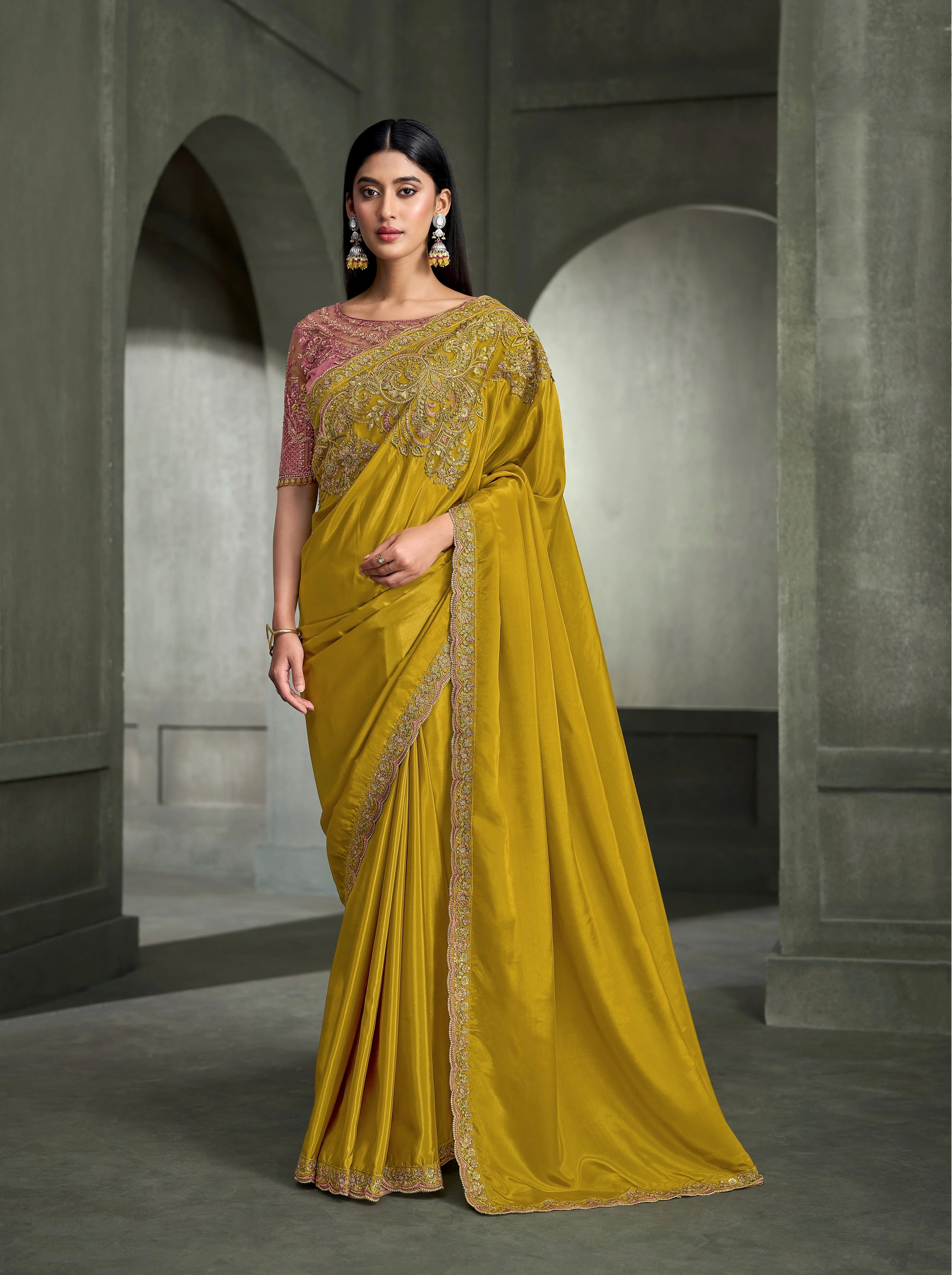 Crape Silk Party Wear Yellow With Heavy Work Sarees