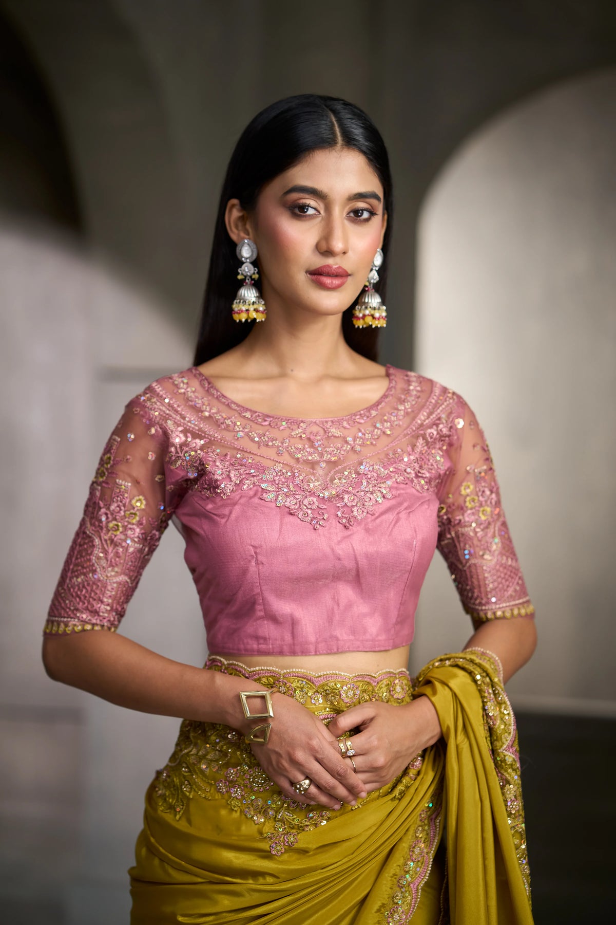 Crape Silk Party Wear Yellow With Heavy Work Sarees