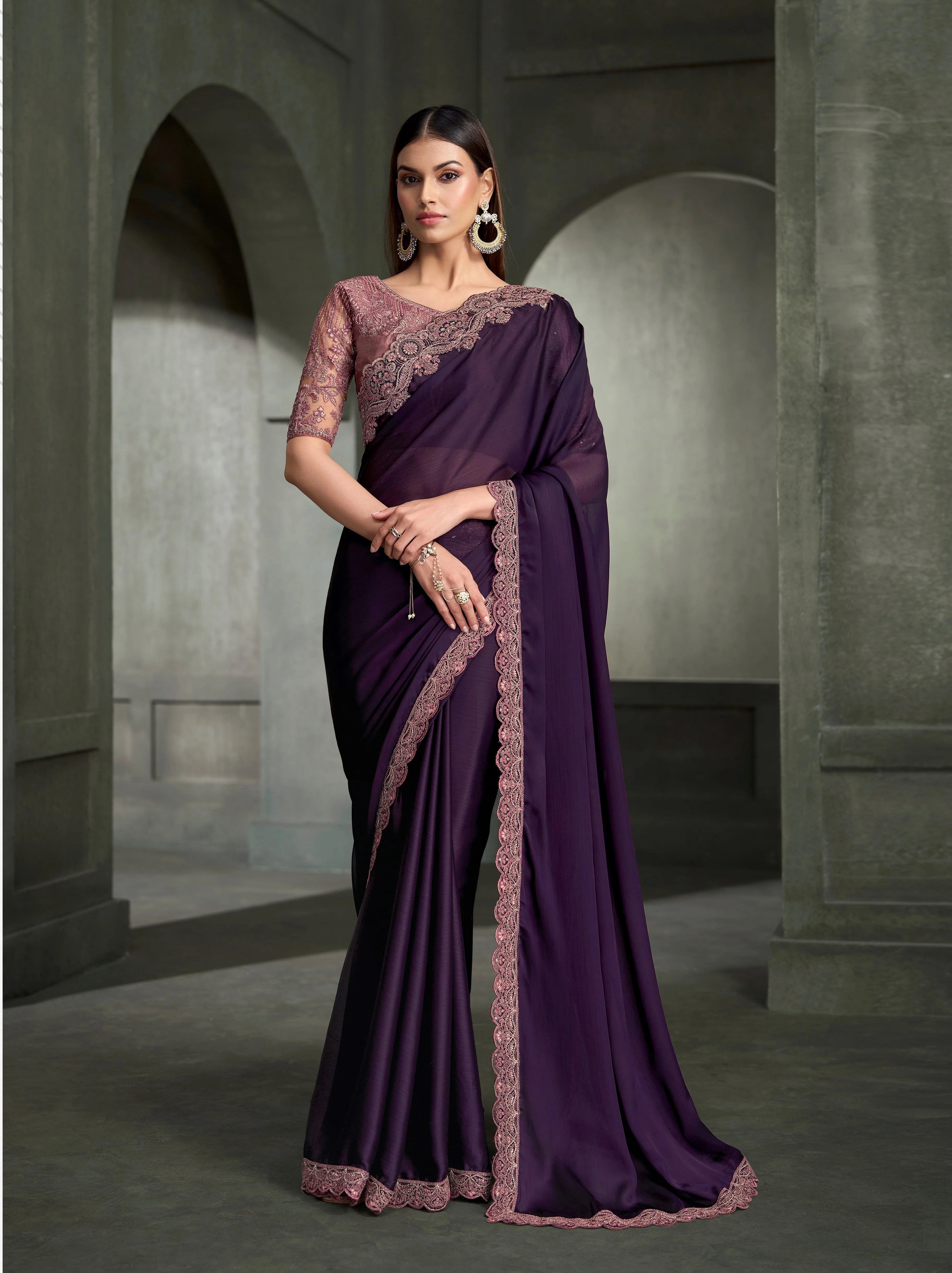 Satin Silk Chiffon Party Wear Purple With Heavy Work Sarees