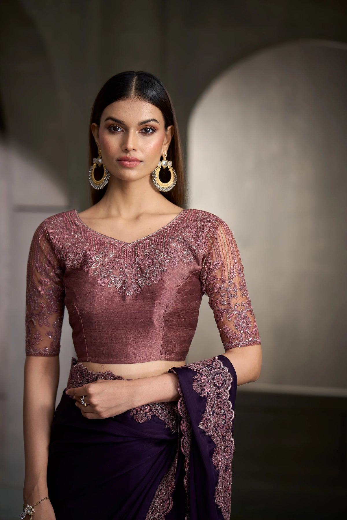 Satin Silk Chiffon Party Wear Purple With Heavy Work Sarees