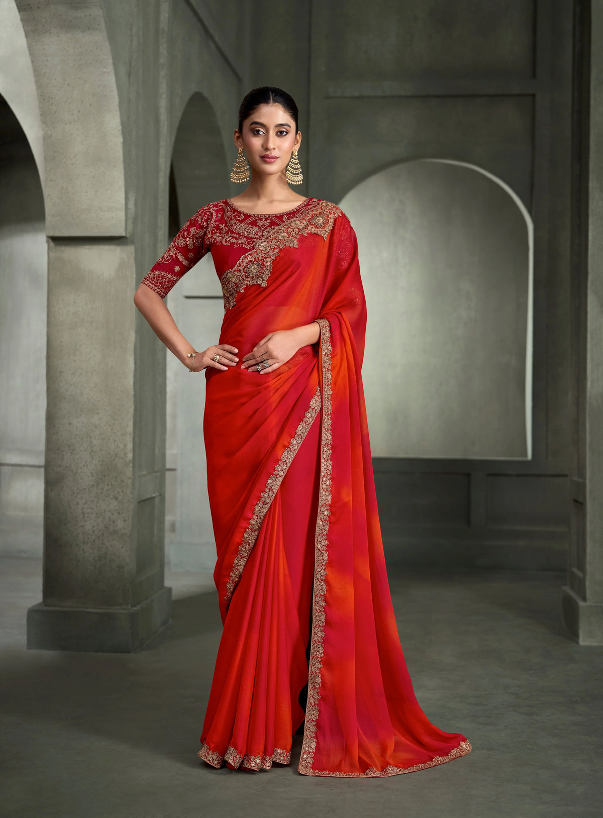 Chiffon Party Wear Orange With Heavy Work Sarees
