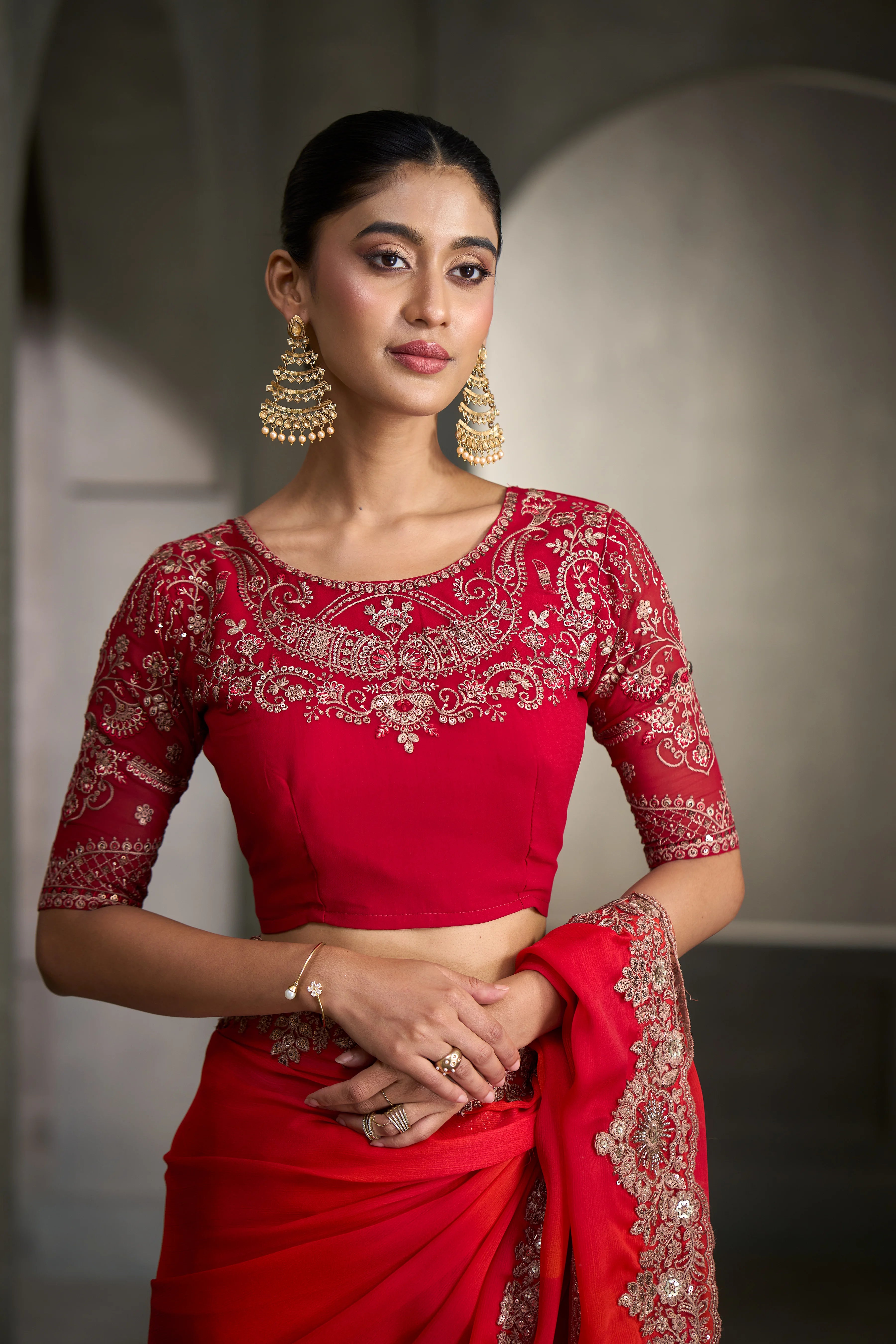 Chiffon Party Wear Orange With Heavy Work Sarees