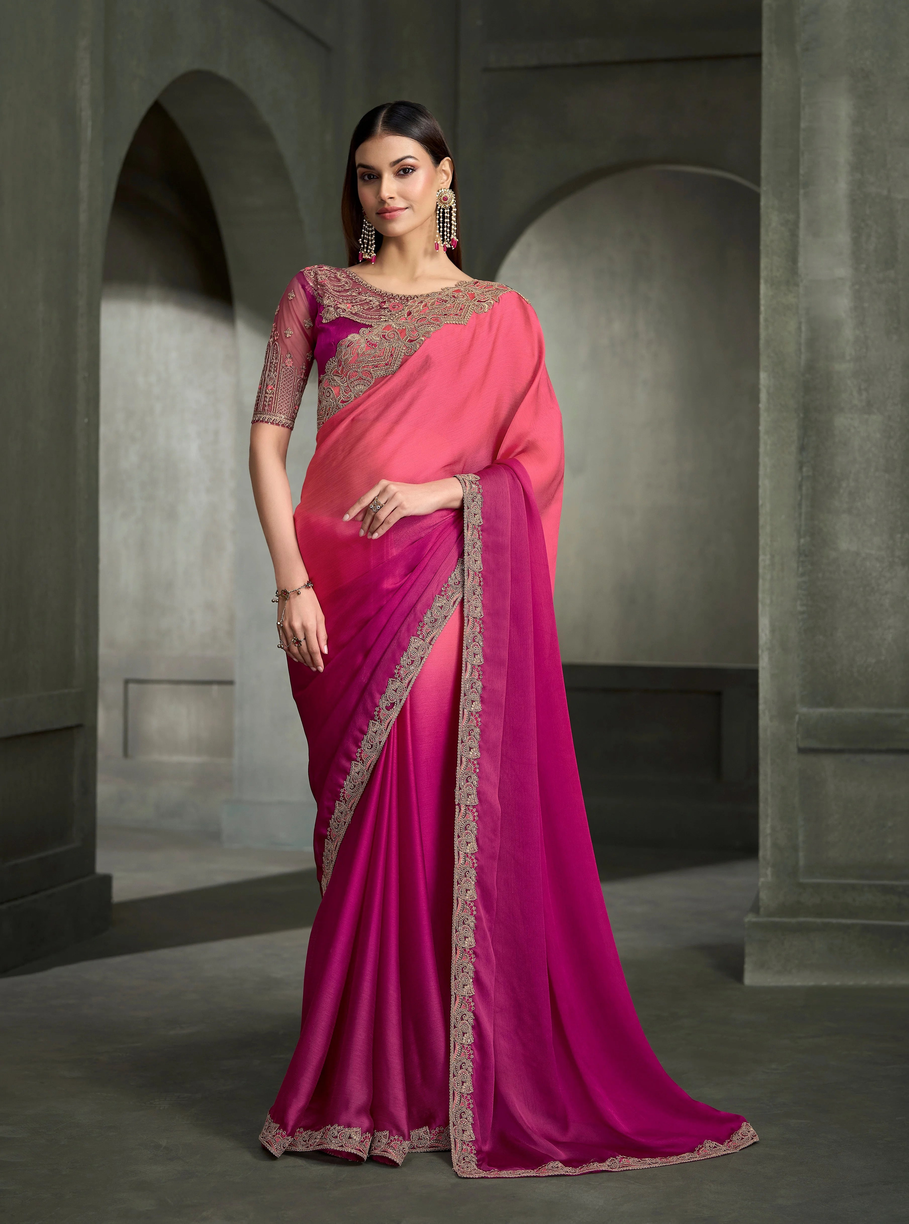 Satin Chiffon Party Wear Pink With Heavy Work Sarees