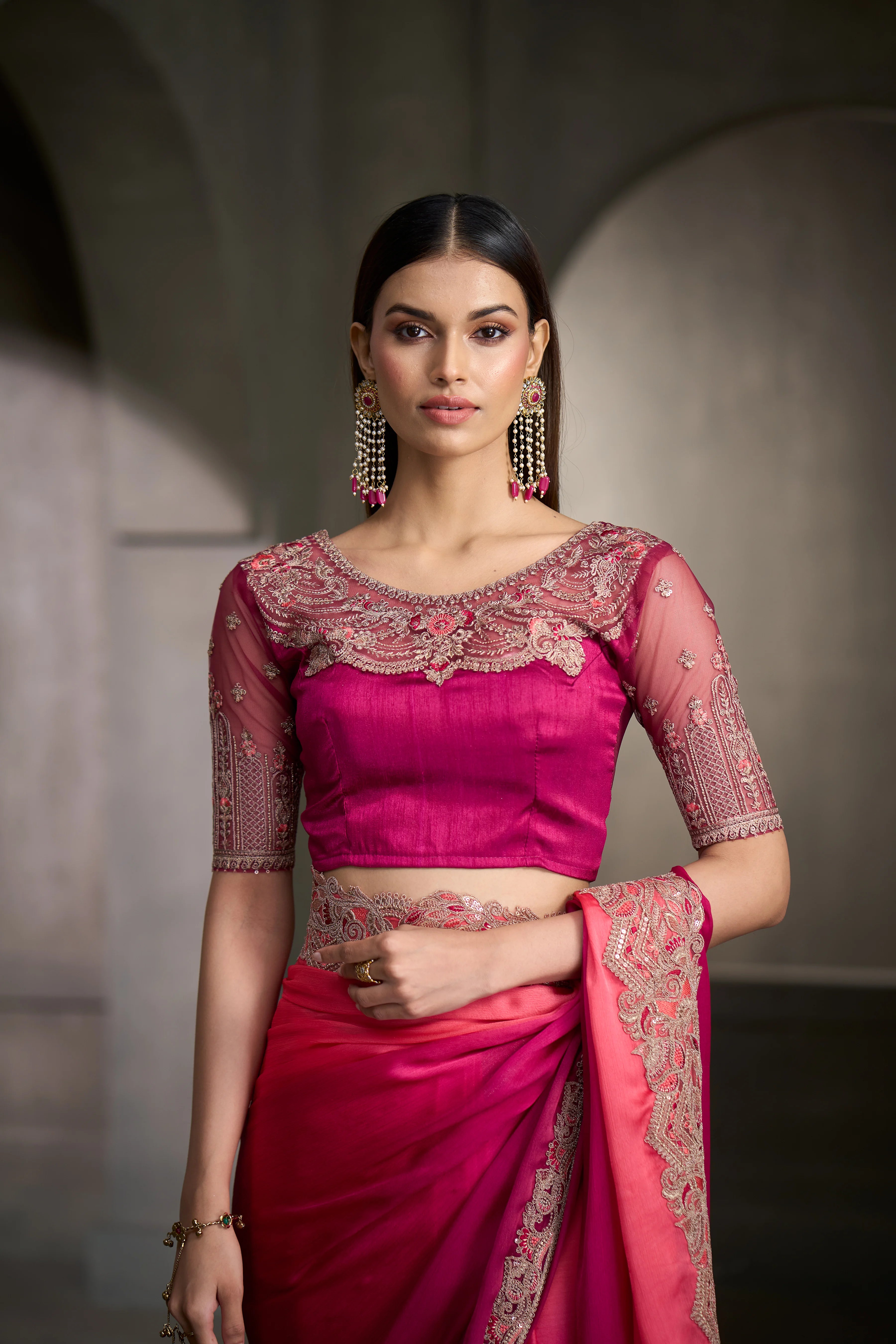 Satin Chiffon Party Wear Pink With Heavy Work Sarees