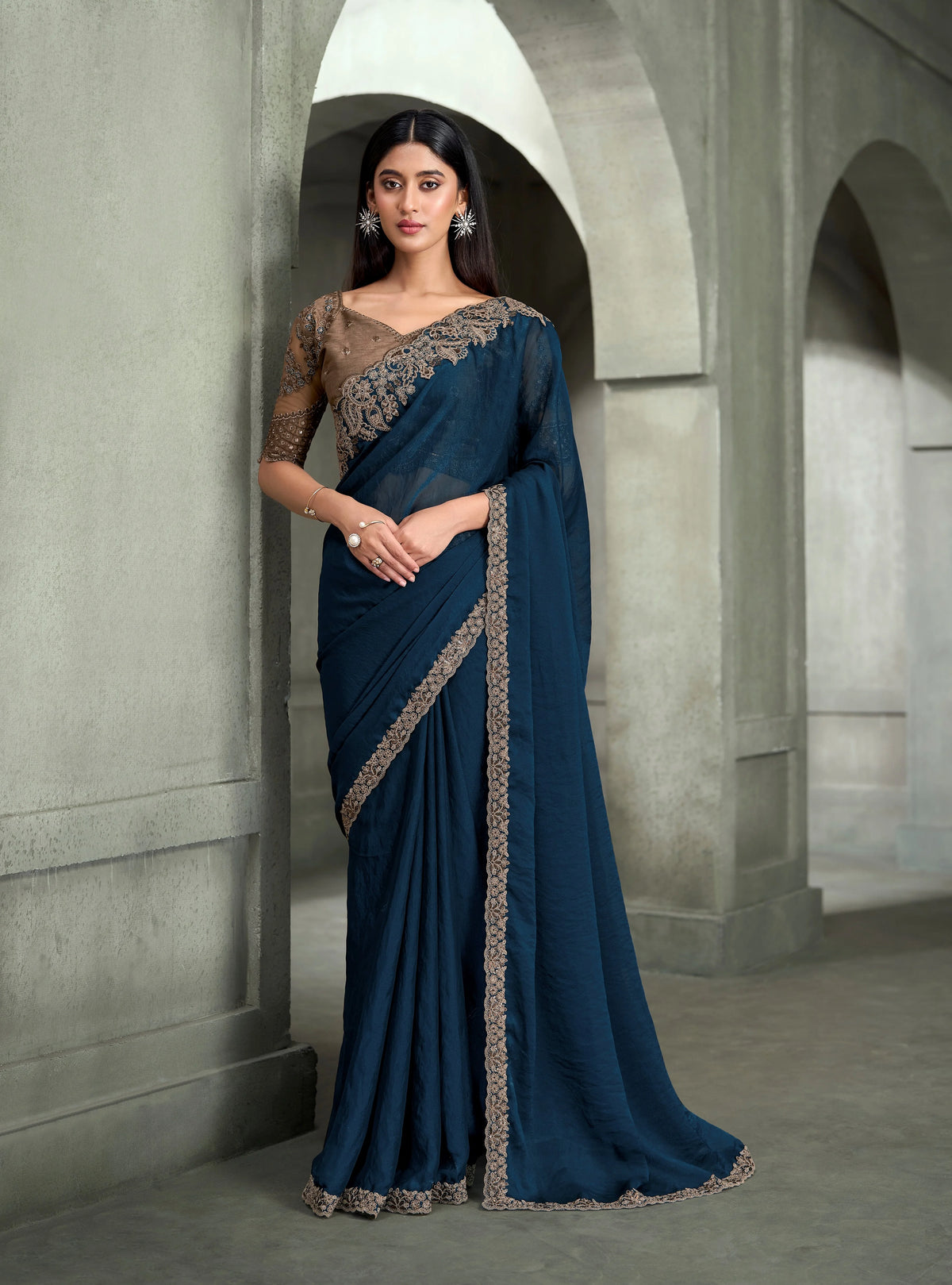 Georgette Party Wear Blue With Heavy Work Sarees