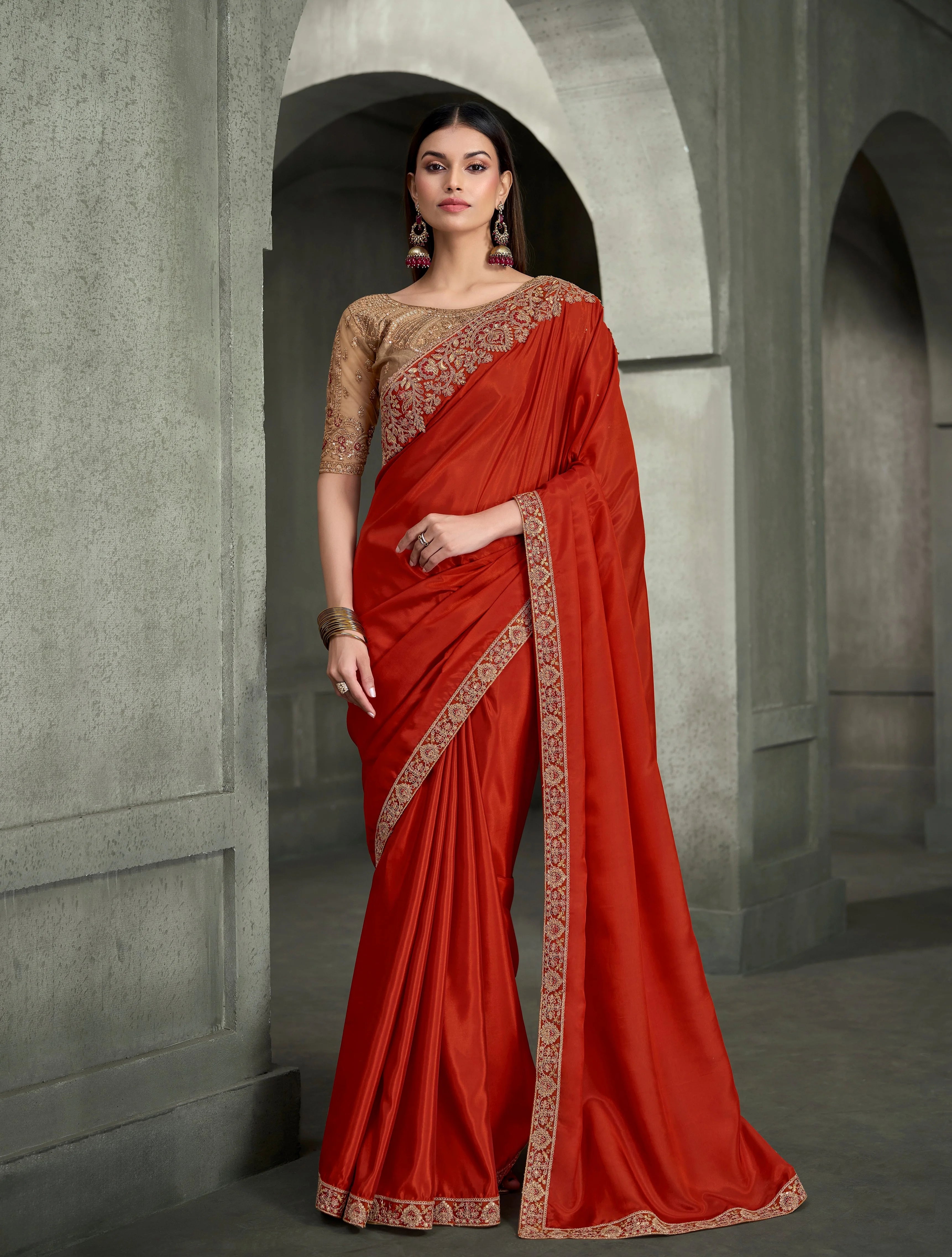 Crape SIlk Party Wear Orange With Heavy Work Sarees